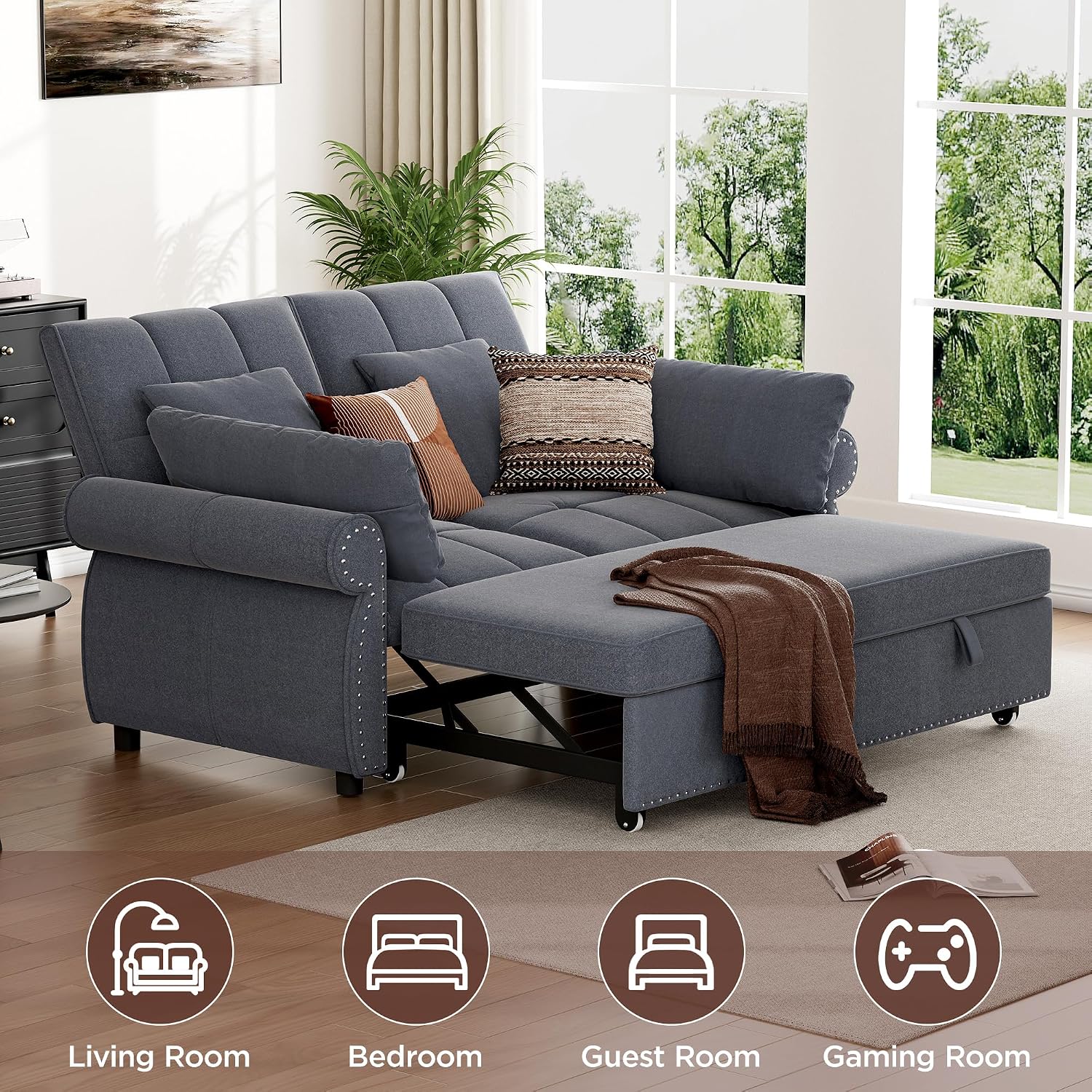3 in 1 Convertible Sofa Bed, 61 Inch Pull out Couch, Loveseat Sleeper Sofa with Adjustable Backrest, Sofa Couches for Living Room, Bedroom, Office, Apartment, Guest Room, Chenille Fabric, Grey