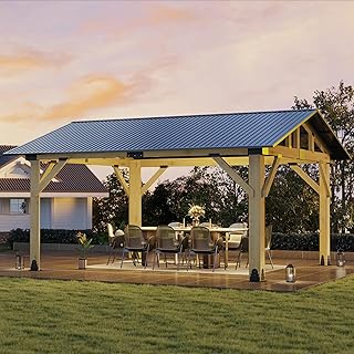 13' x 15' Wood Gazebo, Outdoor Hardtop Gazebo with Galvanized Steel Roof, Cedar Wooden Frame Gazebos for Garden, Patio, Deck