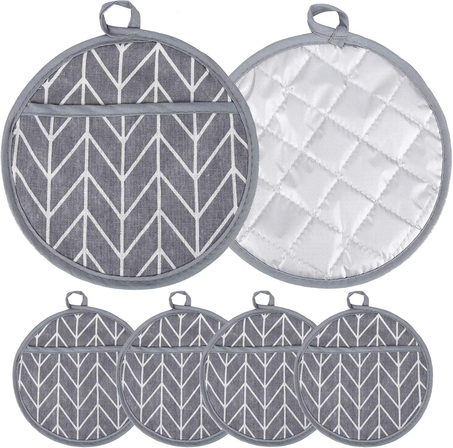 Gigilli Pot Holders Hot Pads for Kitchens Round Oven Mitts Sets, Potholders with Pockets Linen Pads Machine Washable (8"x8", 6pcs Gray)