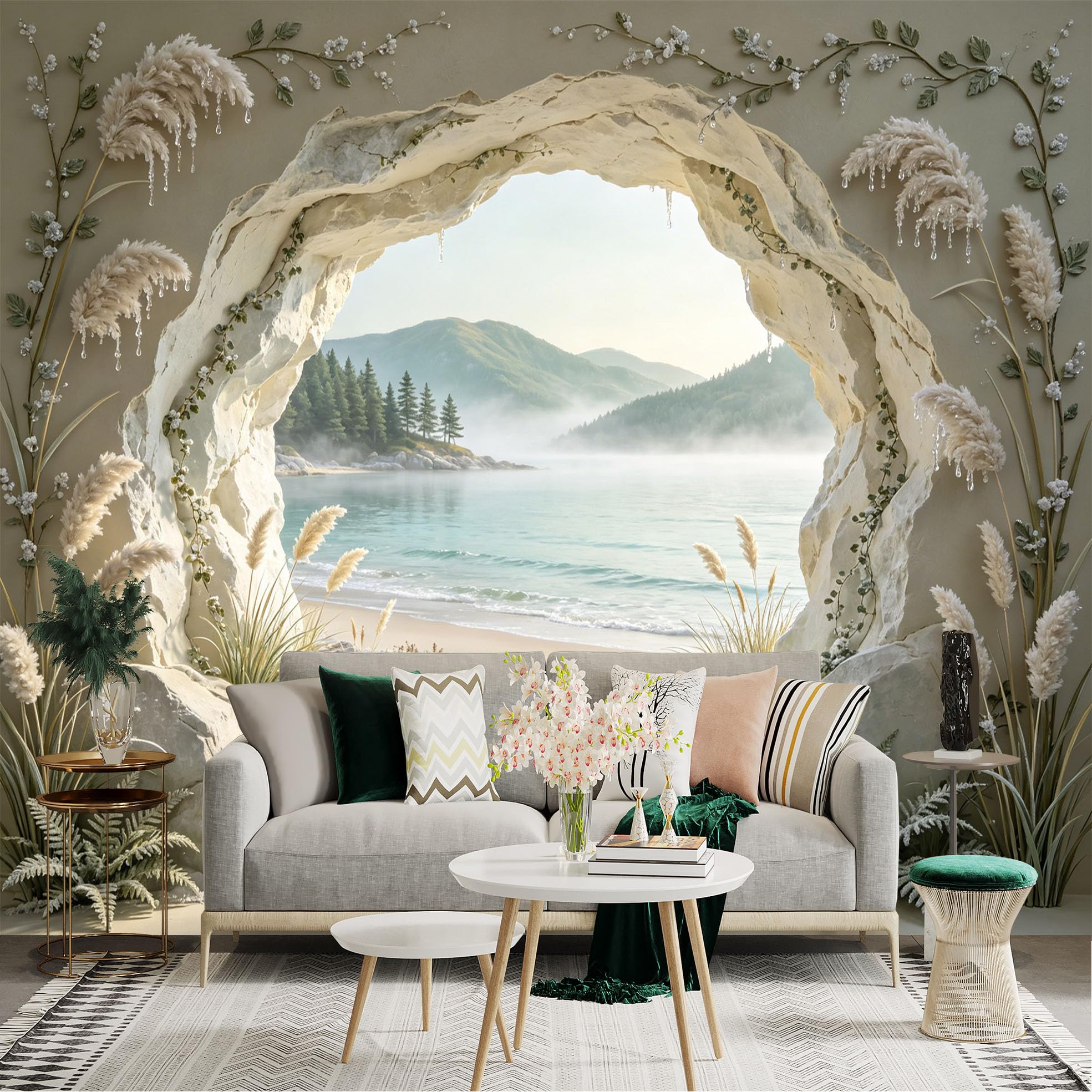Custom Size Wall Sticker Mural， Coastal Cave View with Beach， Sea and Mountains， for wall Decoration， peelandstick wall Decals.