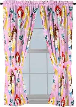 Jay Franco Disney Princess Sassy 63" Inch Drapes 4 Piece Set - Beautiful Room Decor & Easy Set Up, Bedding Features Cinderella & Belle - Window Curtains Include 2 Panels & 2 Tiebacks