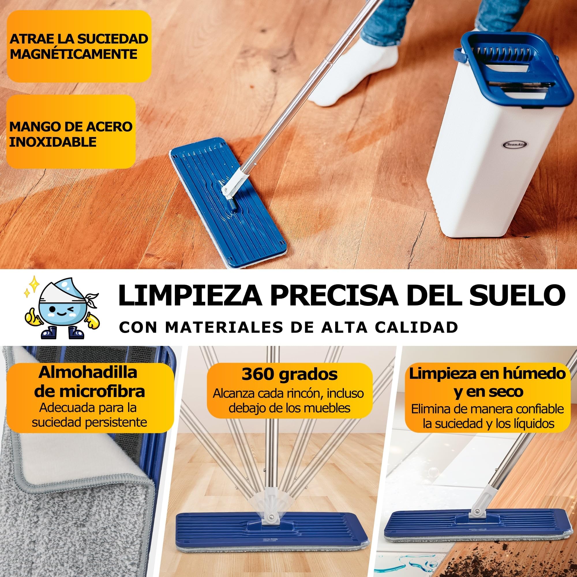 Formosa 2 - Kit de mopa y Cubo - Cabezal Plano de 360 °, cubeta para la mopa Compacto con escurridor, Mango Extra Largo de Acero Inoxidable de 155 cm - para Superficies Lisas