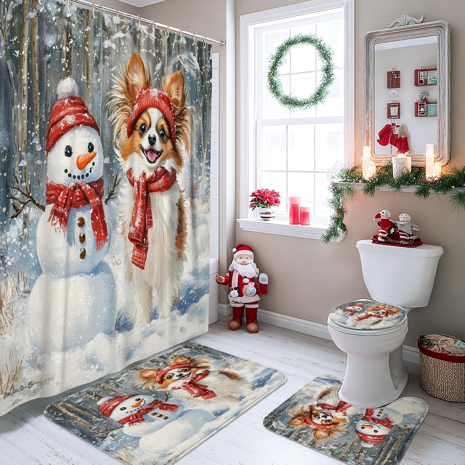 4PCS Winter Christmas Papillon Dog Bathroom Sets, Bath with Non-Slip Rug, U Shape Toilet Lid Cover Mat, Snowman Xmas Puppy Pet Bathroom Decor-72''x72''