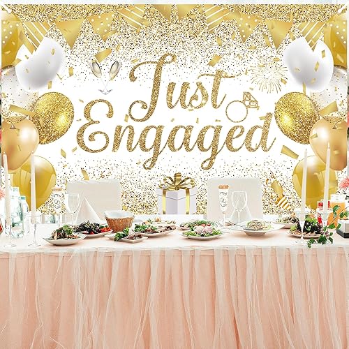 Miniatura 4 de Decoración de fiesta de compromiso dorada, pancarta de oro blanco con texto en inglés "Just Engaged", pancarta de compromiso de oro blanco, telón de