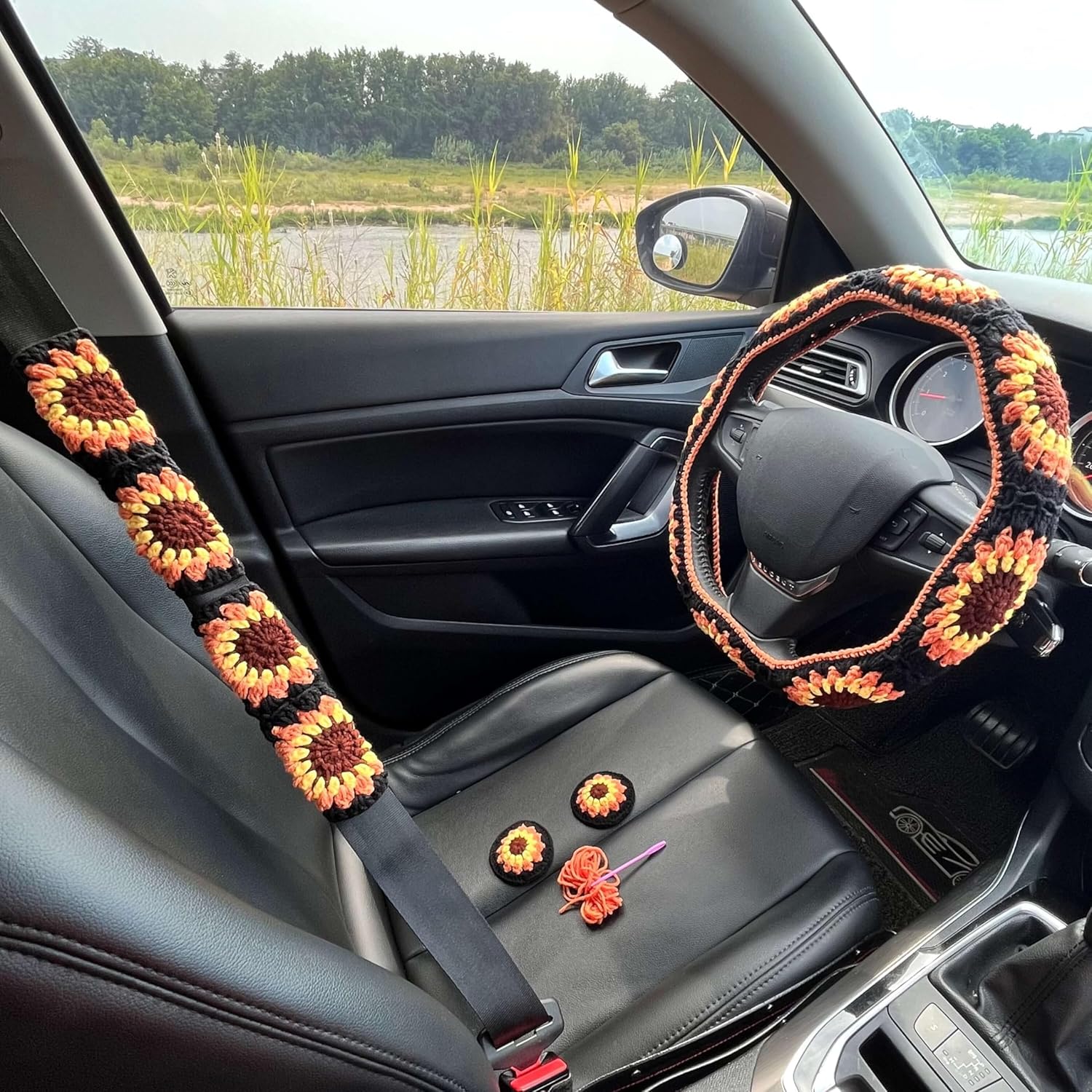 Crochet Steering Wheel Cover Set,Cute Car Steering Wheel Cover Boho 14-15in,Handmade Sunflower Granny Square Pattern Gift for Women, Accessories for Vehicles (Wheel Cover Set), HZYZW-72