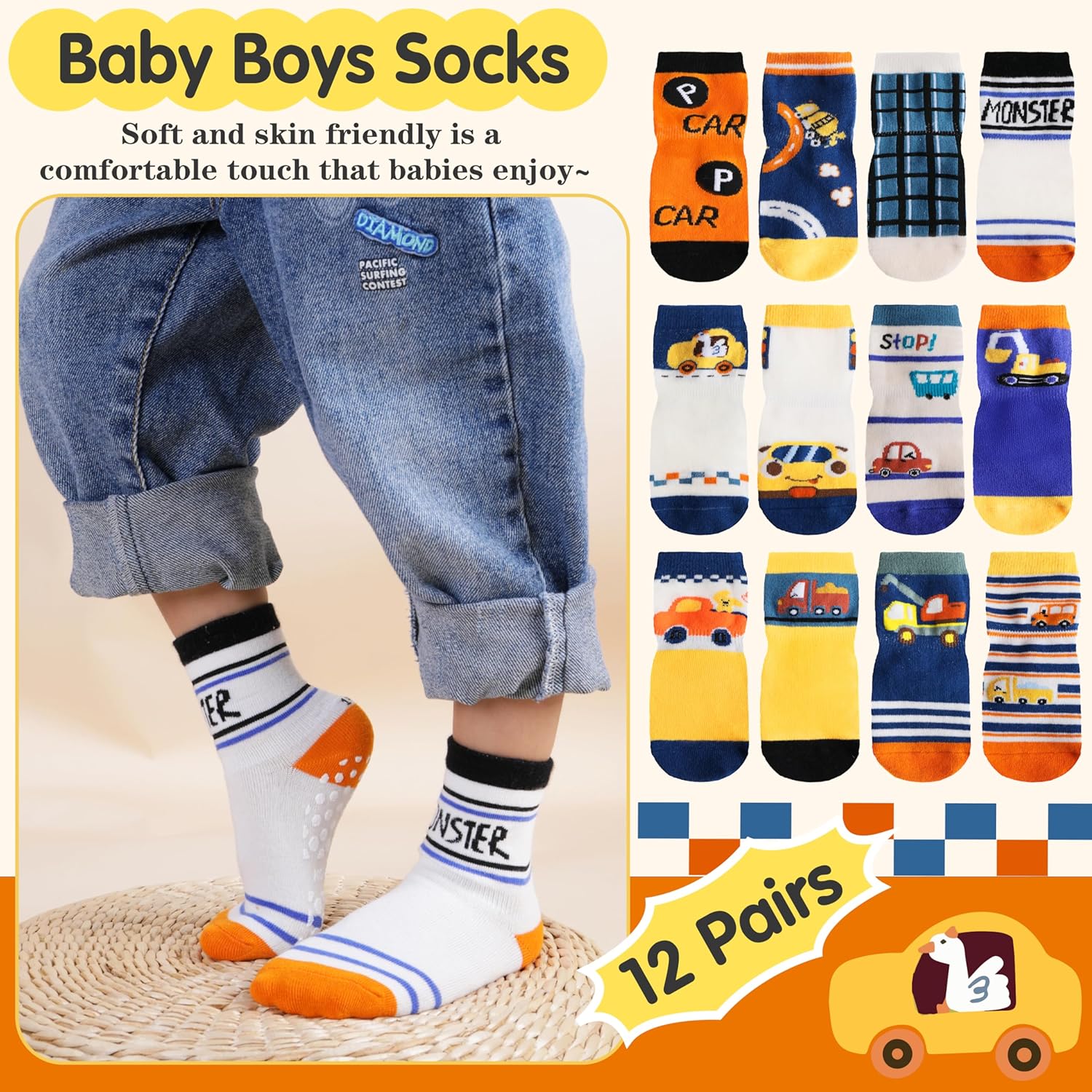 12 Pairs Baby Boys Girls Toddlers Grips Socks Kids Non Skid Anti Slip Cotton Crew Socks - Image 6