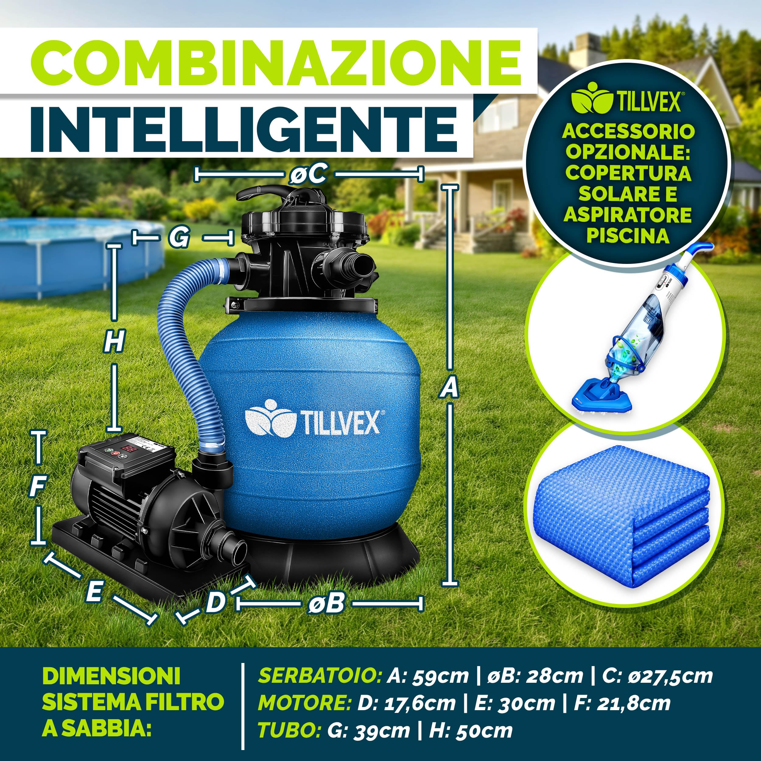 tillvex Pompa Filtro Piscina Portata 7.900L/h + 400g Filtro Balls | 7 funzioni | Adattatore 2in1 Ø32-38mm con indicatore di pressione | Filtro a sabbia per piscine (Blu con timer)