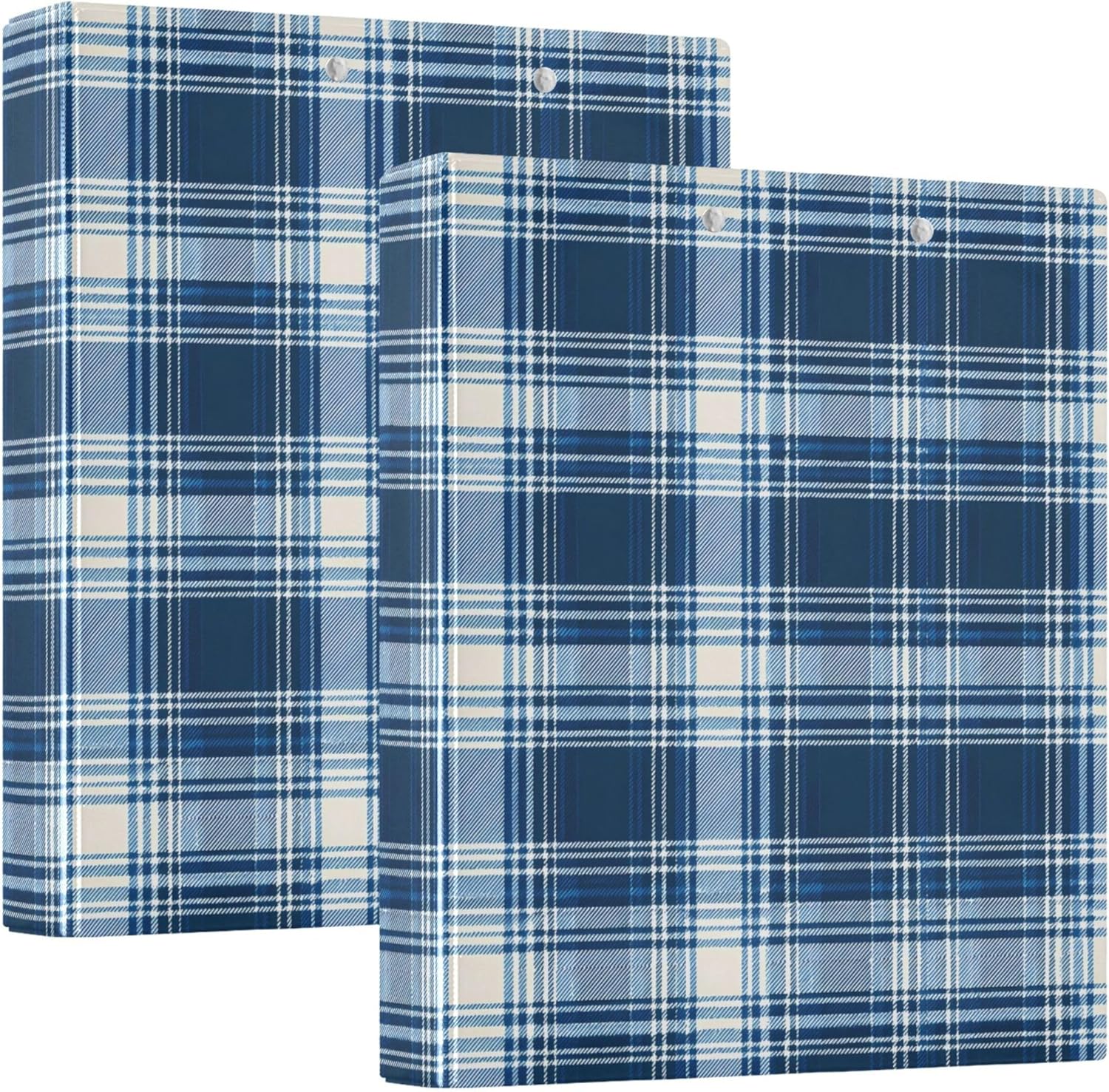 Dark Blue Plaid 3 Ring Binders, 1.5” Round Ring Binders with Clipboard - Letter Size, 3 Interior PVC Clear Pockets & Anti-Slip Clip for Office School Supplies, 2PCS