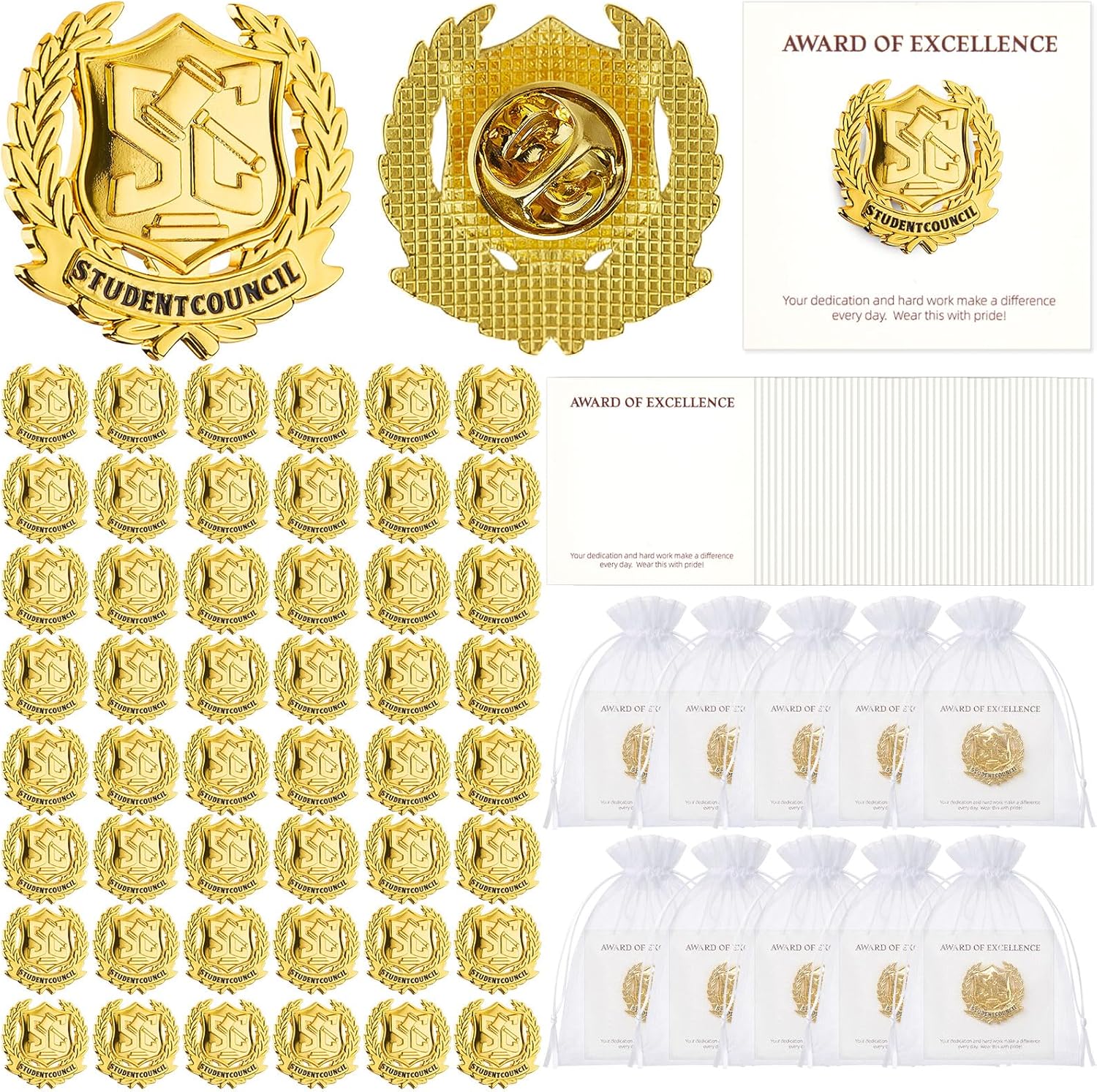 Sureio 30 Set A Honor Roll Lapel Pins Bulk 2026 Graduation Souvenir Gifts Gold School Award Badges 1 Inch with Card, Organza Bag Student Gifts from Teacher