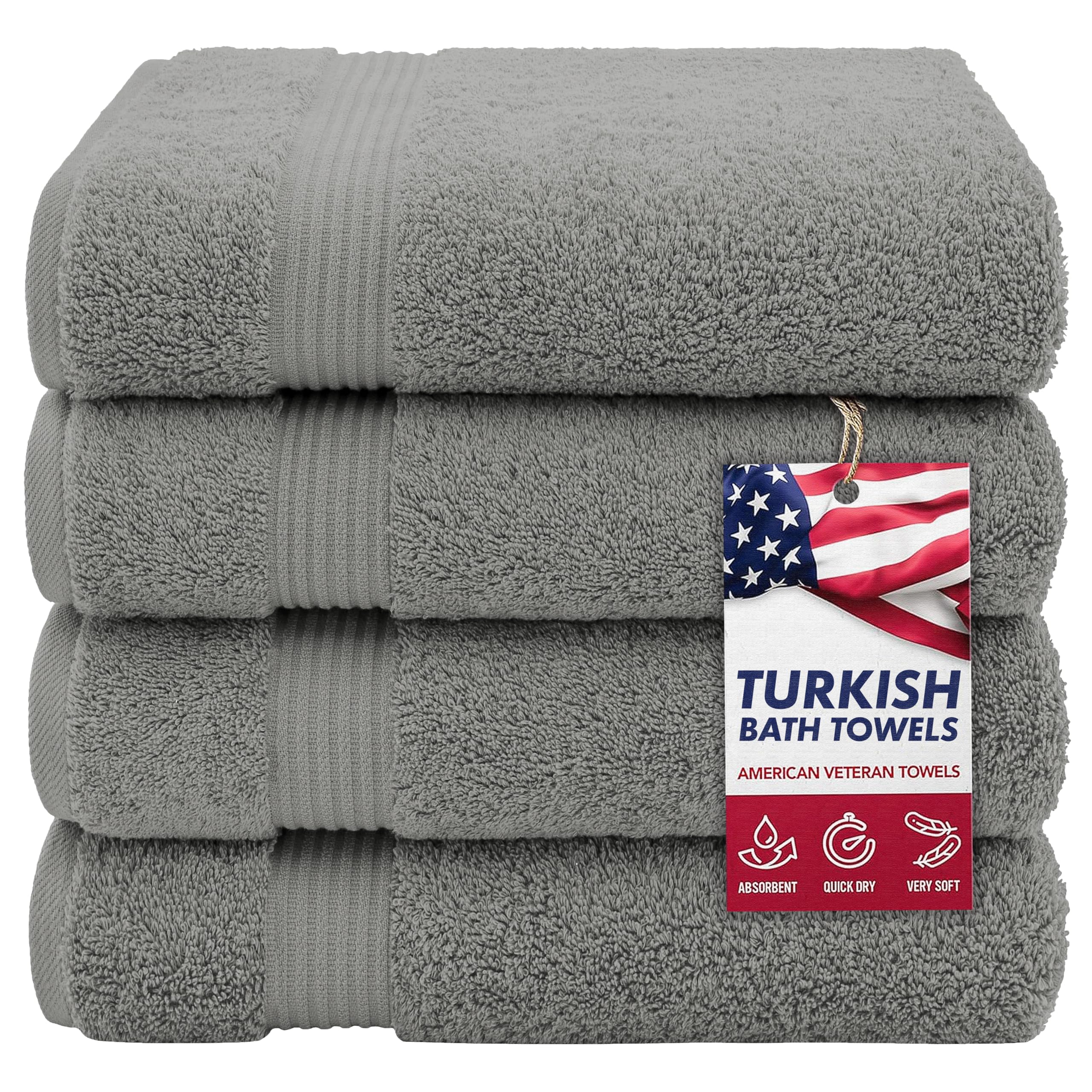 American Veteran Towel, 100% Cotton Turkish Bath Towels for Bathroom 4 Pack, 27x54 Extra Large Premium Soft Drying Bathroom Towels, Light Grey