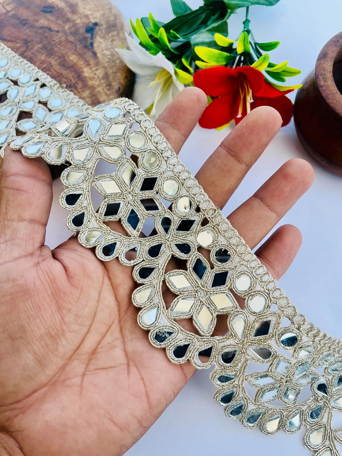 Decorative Mirror Work Lace Trim, Silver Metallic Embroidered Border, Scalloped Design, 2.5 Inch Wide, Traditional Wedding Crafts Ribbon, Available in 1, 3 and 6 Yard (1)