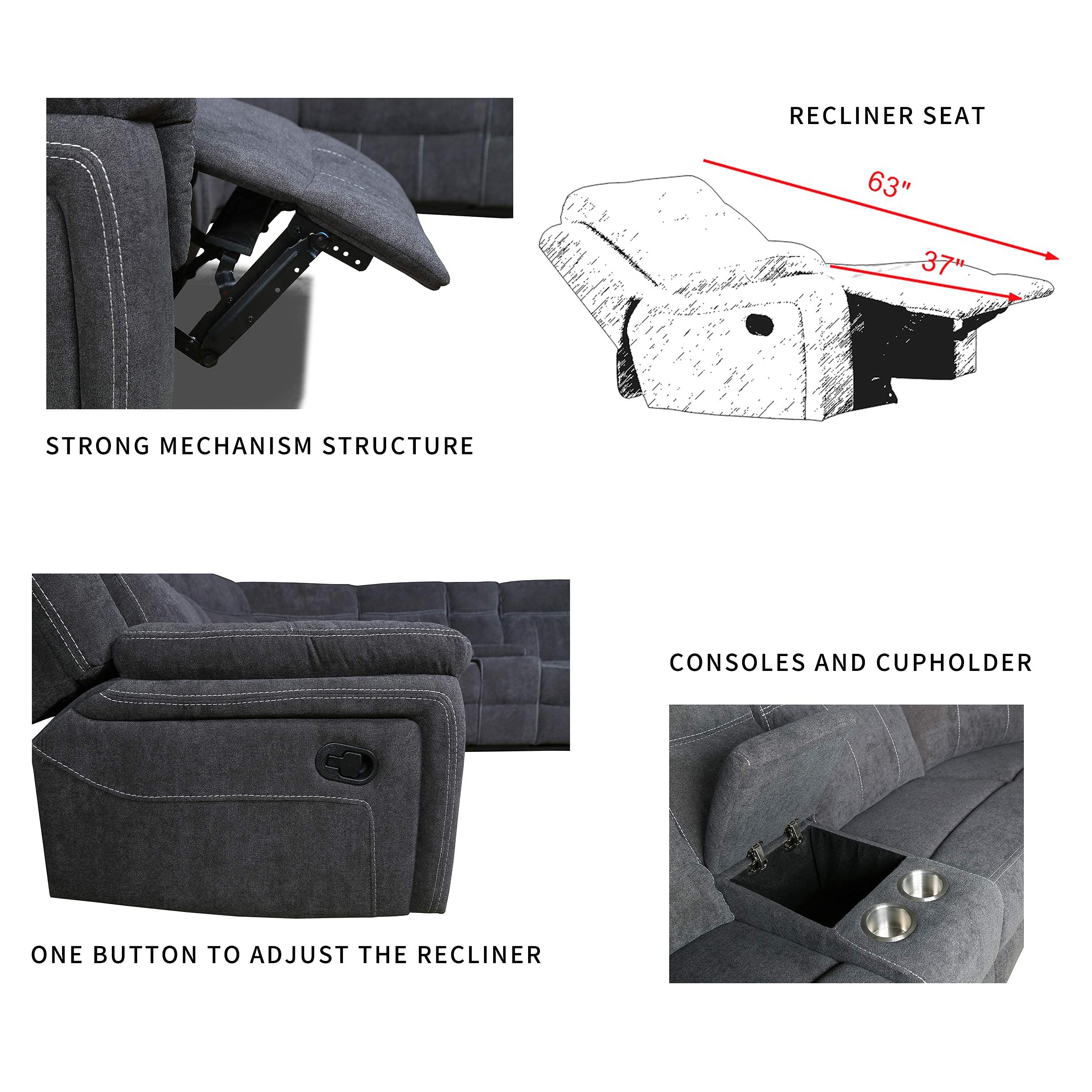 Buy Manual Reclining Sectional Sofa Fabric Upholstery Sofa Set with