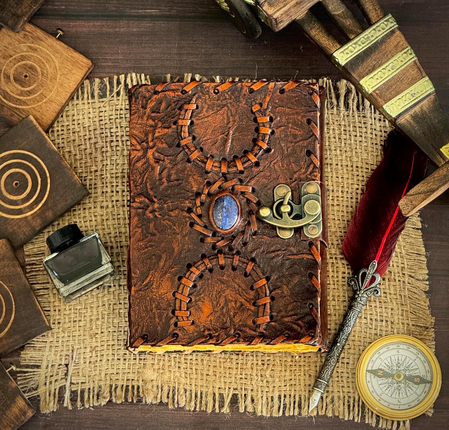Vintage Leather Journal Semi Precious Witch Stone Triple Moon Design-Lock Closure, 200 Antique Deckle Edge Blank Paper-Book of Shadows, Grimoire Journal, Witch Journal for Men and Women 7x5 Inch - Image 6