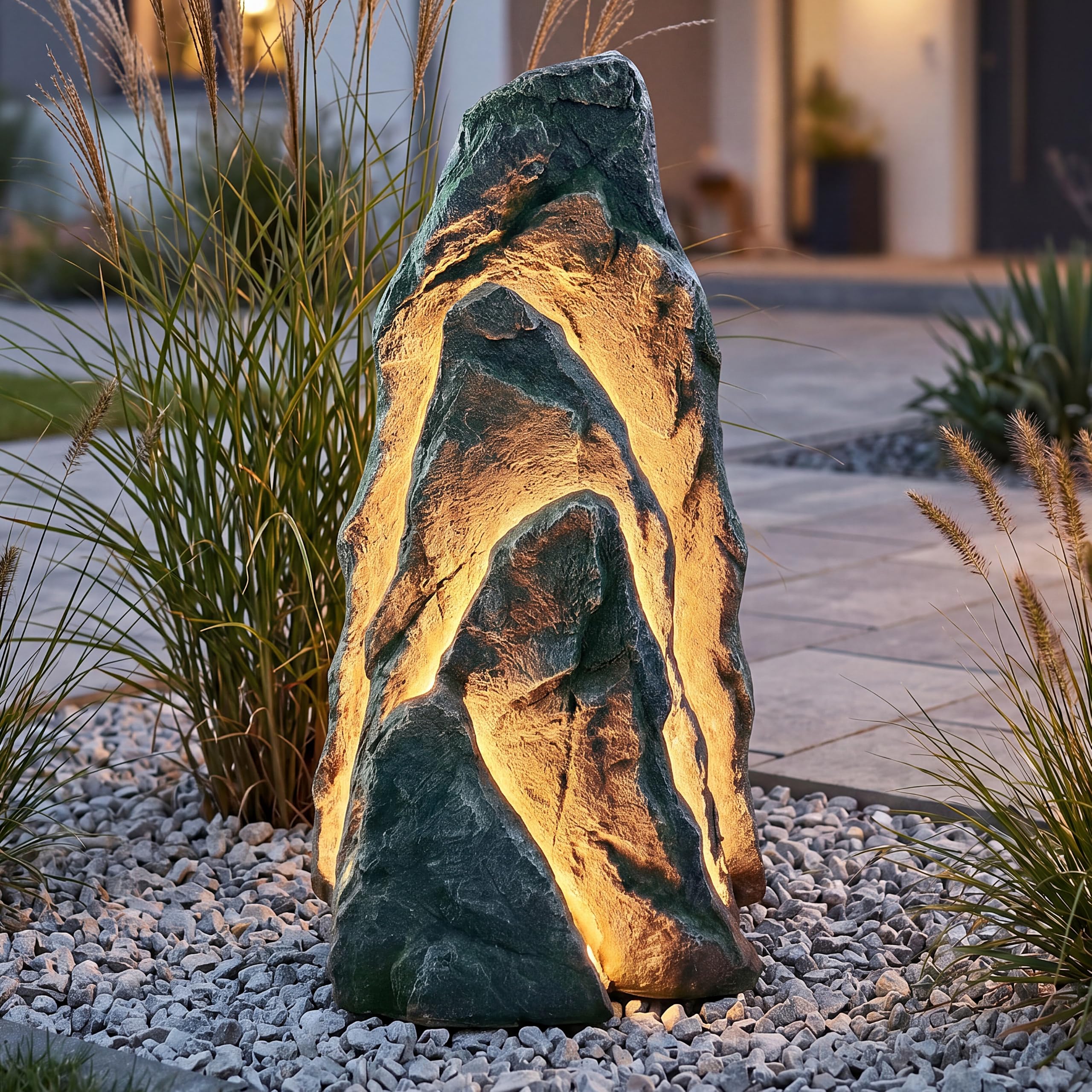 Arnusa Großer LED Leuchtfelsen Gartenfelsen 80 cm, Kunstfelsen mit warmweißen LED-Stripes Gartenleuchte Gartendekoration Teichdekoration Gartenfigur beleuchtet mit Stecker