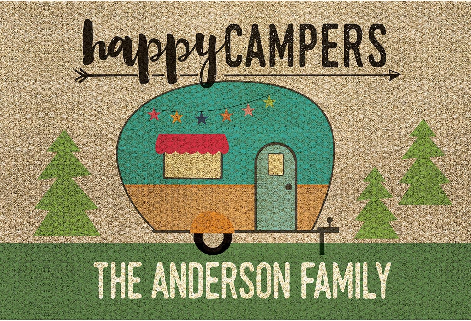 Happy Campers Vintage Trailer Personalized Doormat with Custom Family Name Printed | Brown Non Slip Entry Door Mat | 18” x 27”