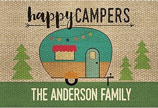 Happy Campers Vintage Trailer Personalized Doormat - Brown Custom Entry Door Mat with Name Printing on Durable 1/8