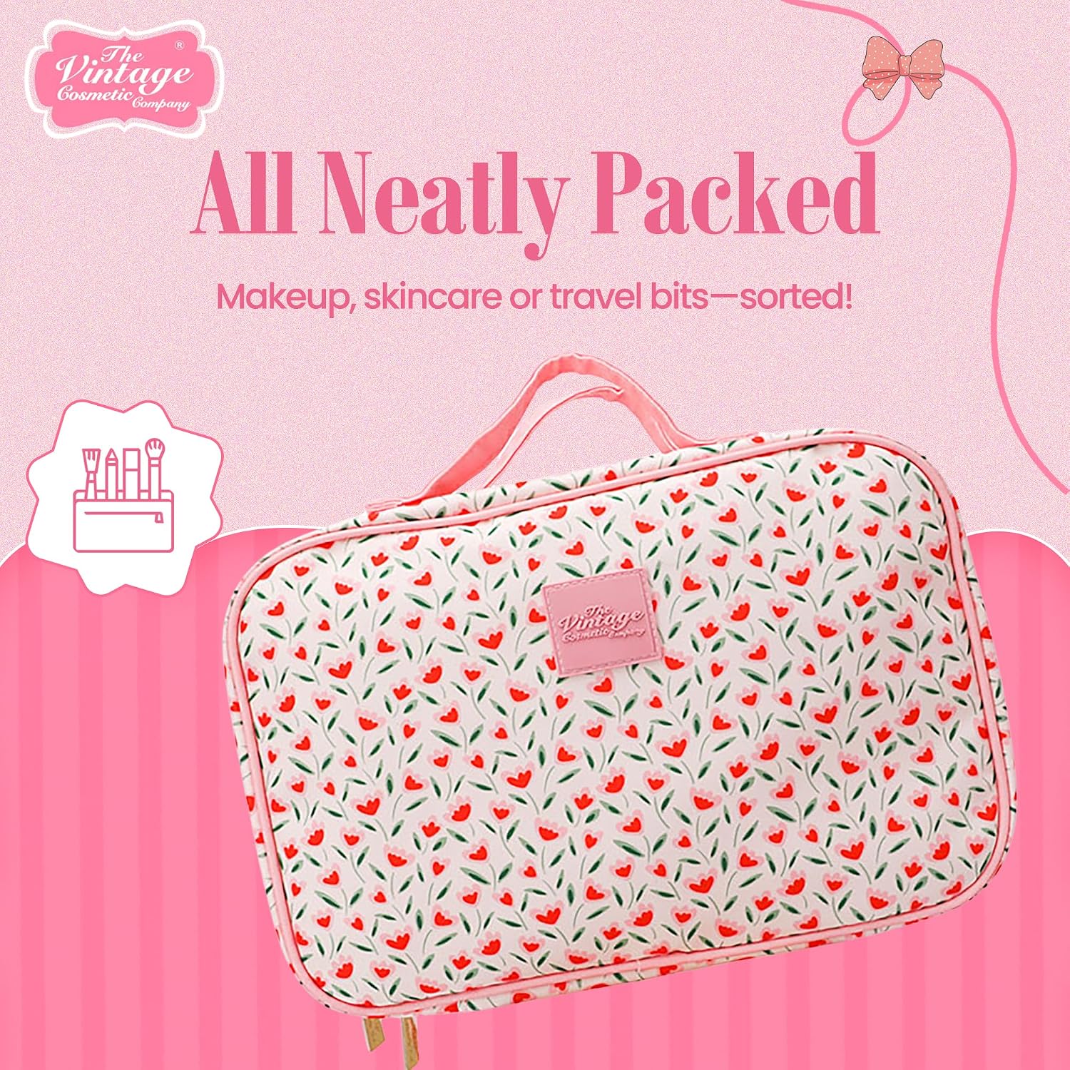 The Vintage Cosmetic Company Tulip Square Carry Bag, Floral Cosmetic Organizer for Makeup, Toiletries, and Travel Essentials with Zipper Closure