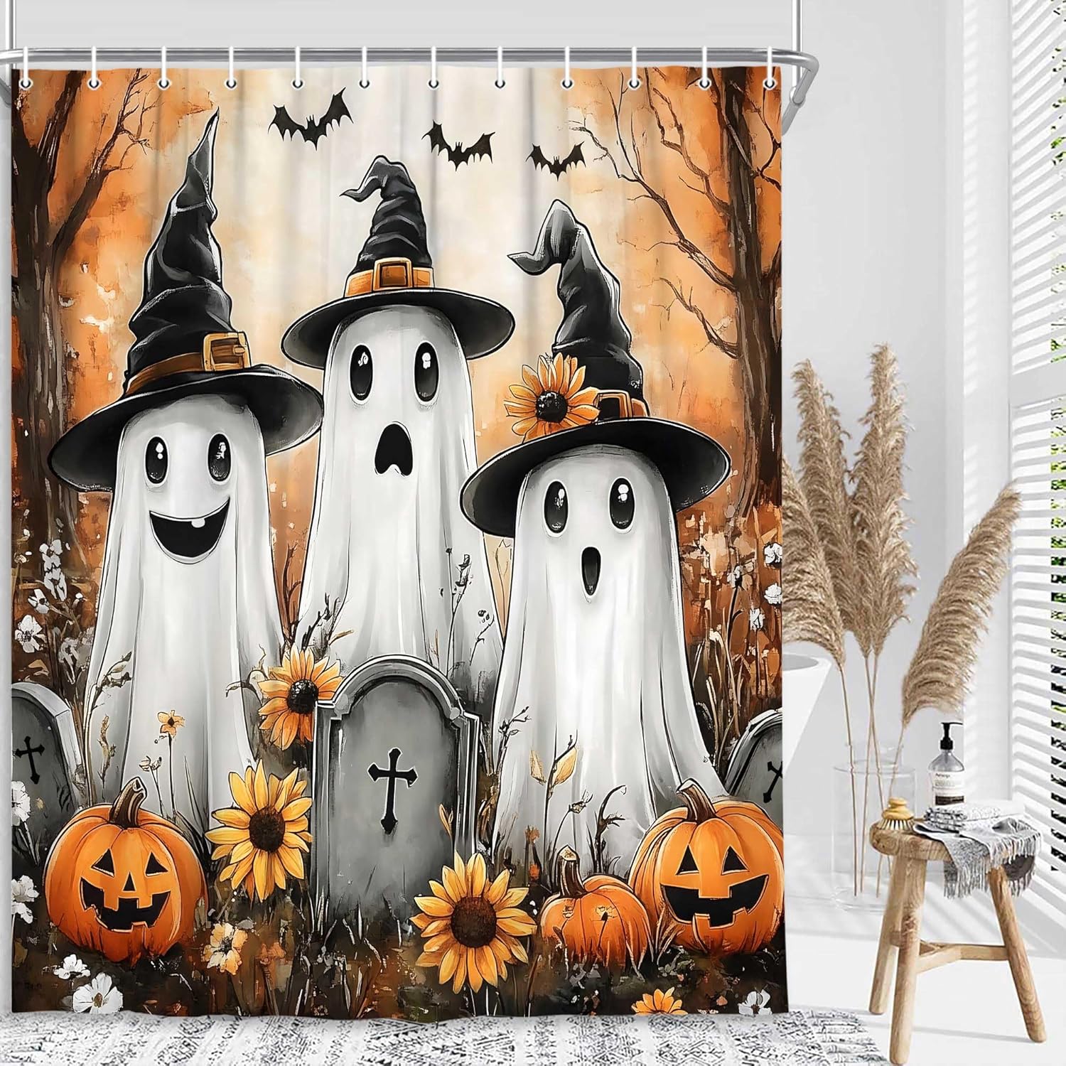 Halloween Shower Curtain Cute Funny Ghost Pumpkin in Flower Shower Curtains Fall Rustic Watercolor Autumn Bathroom Bathtubs Decor Set with Hooks 69x75 Inch