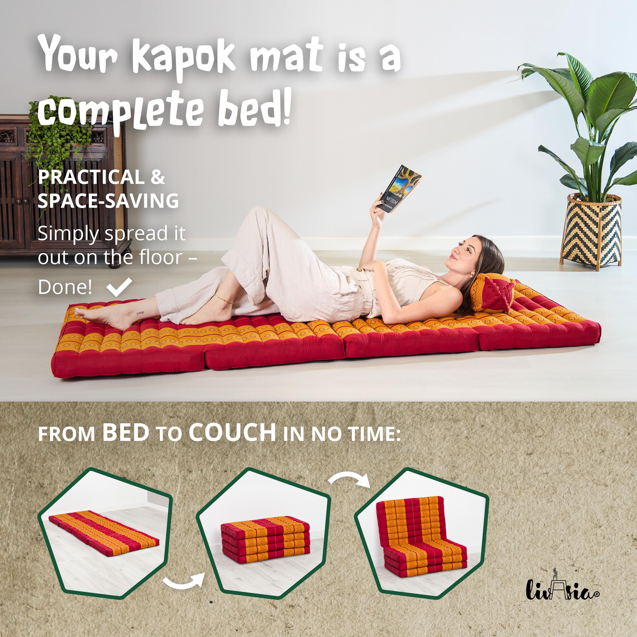 livasia Colchón Plegable sostenible de kapok - 200x80x8cm - Colchón de Invitados, Cama Plegable Furgoneta, Esterilla ecológica Yoga, Cama Invitados Plegable, Jardín y balcón (Rojo/Amarillo)