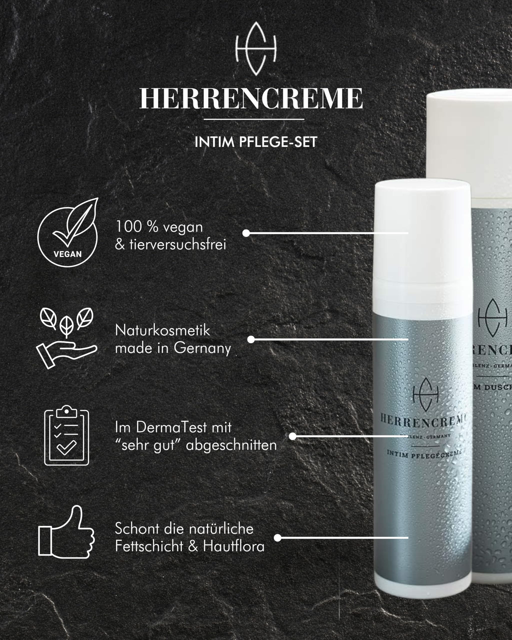 HERRENCREME Intim Pflege Geschenkset für Männer I Set mit Intim Duschgel 200 ml, Pflegecreme 75 ml & Kulturbeutel I Herren Intimpflege vom Urologen entwickelt I vegan & dermatologisch getestet