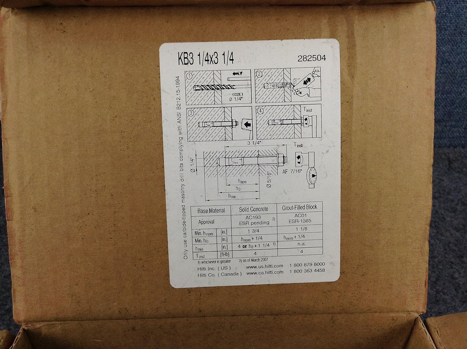 Hilti KWIK Bolt 3 Expansion Anchor - Carbon Steel - KB3 1/4" x 3-1/4" - 282504- Box of 100
