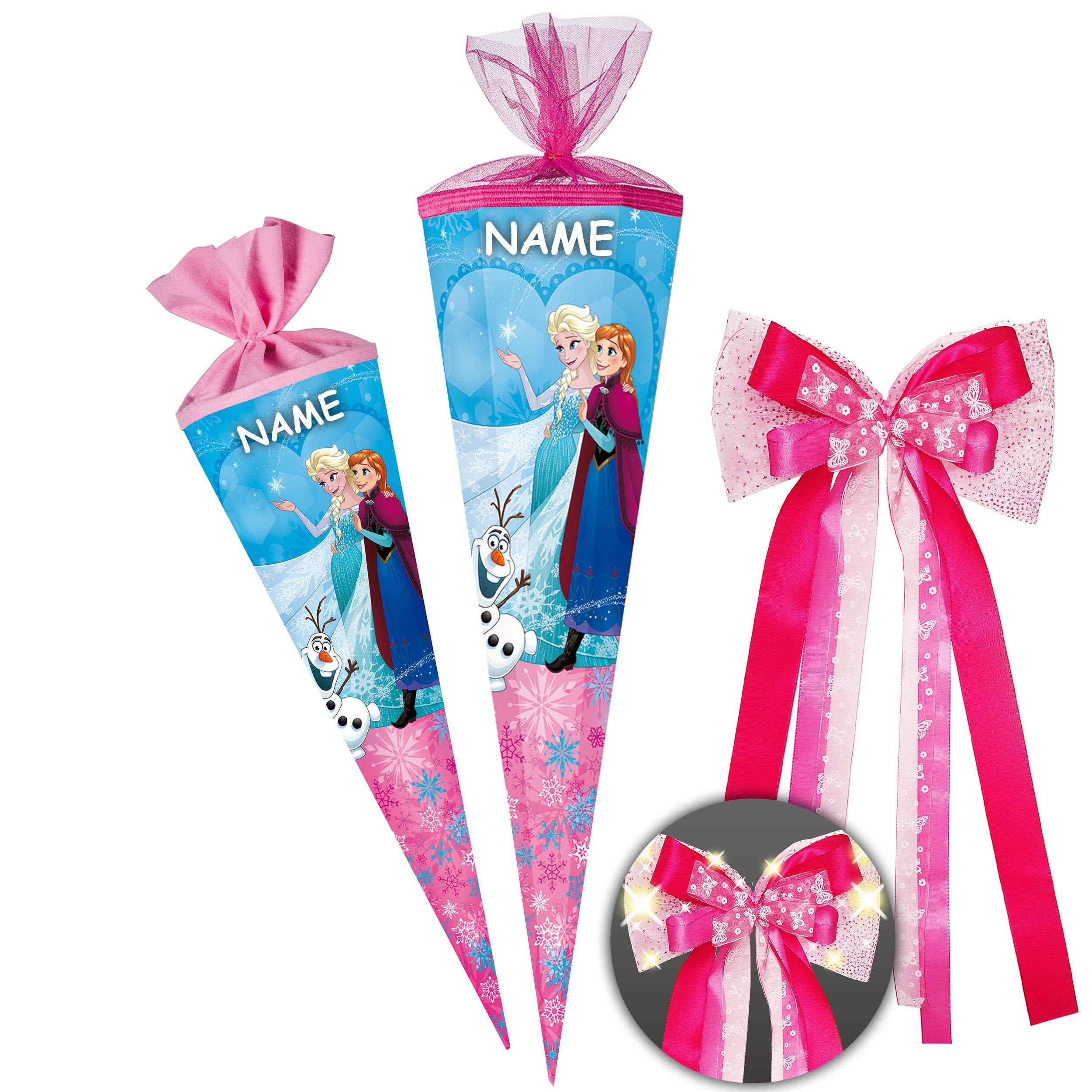 Schultüte - die Eiskönigin - Frozen - 85 cm - 6 eckig - incl. Name und große LED LICHT - Schleife - Tüllabschluß - Zuckertüte - Nestler - Schultütenschleife -..