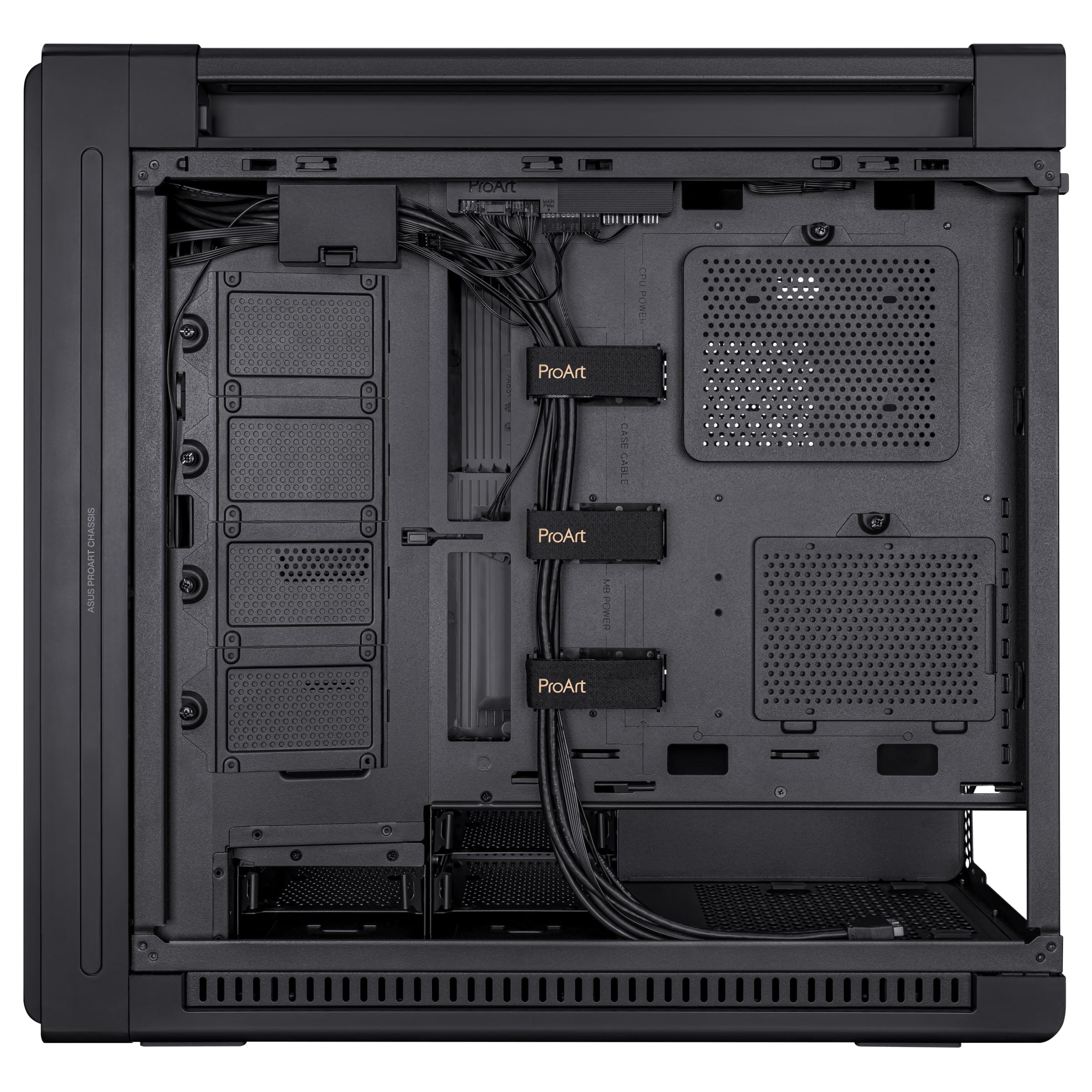 ASUS PROART PA602 TG PWM BLACK Case Gaming E-ATX, obudowa ze szkła hartowanego, uchwyt do radiatora 420 mm, wentylatory 140 mm i 200 mm, czujnik pyłu na podczerwień, boczny wylot powietrza, czarny