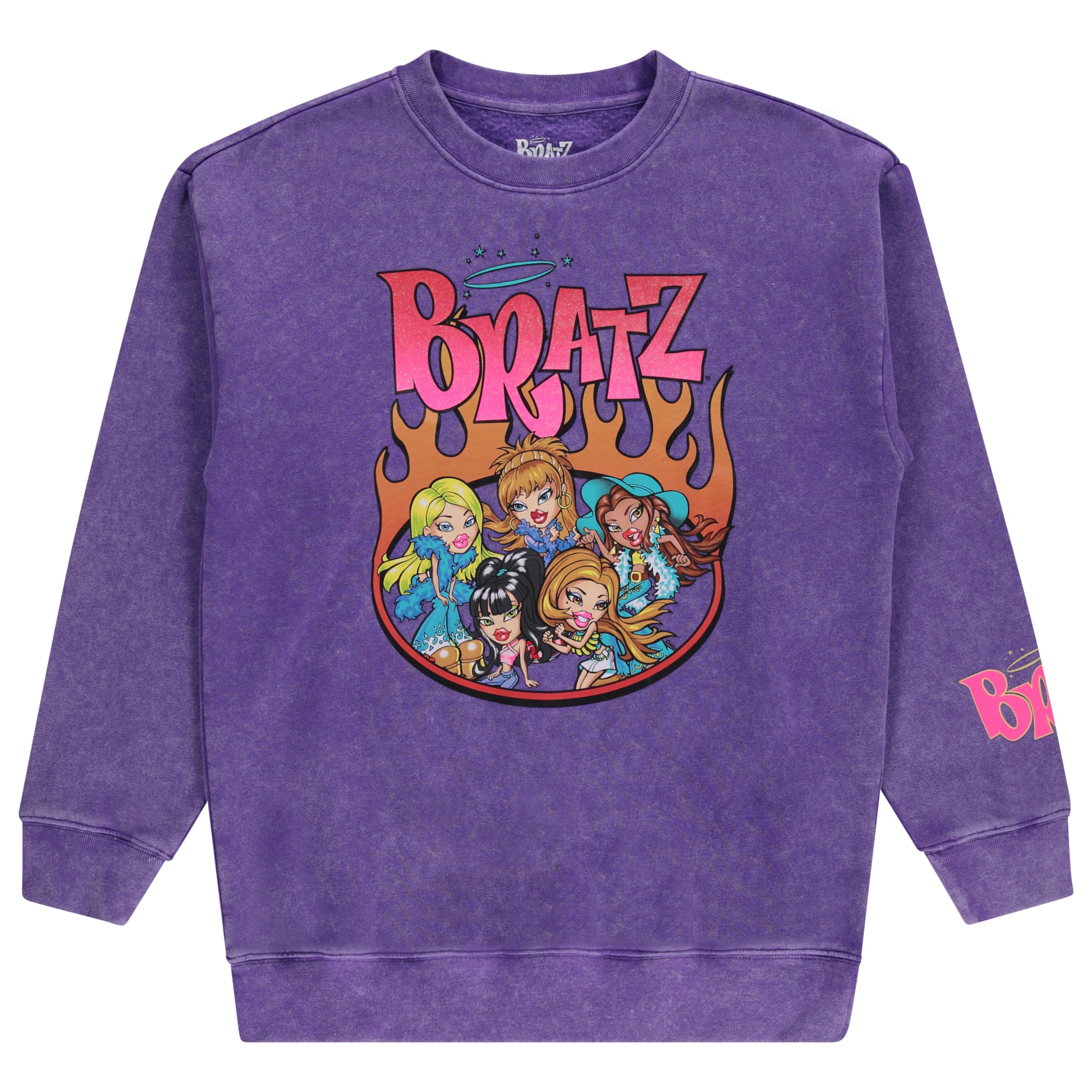 Bratz Ladies Dolls Tiedye Sweatshirt - Yasmin, Cloe, Jade, and Sasha 1990's Vintage Throwback Mineral Wash Crewneck, Purple Mineral Wash, S