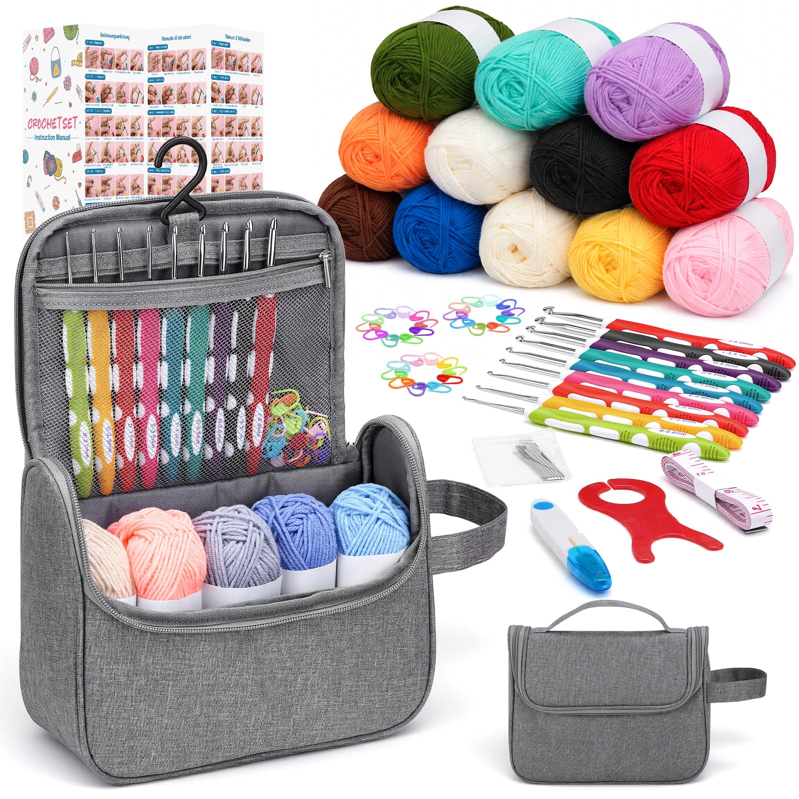 VynyQoo Crochet Kits for Beginners Adults, 90Pcs Yarn Craft Set Included Instructions 2.0-6.0mm Ergonomic Crochet Hooks 17Pcs×24-27g Yarn Storage Bag and Knitt Accessories
