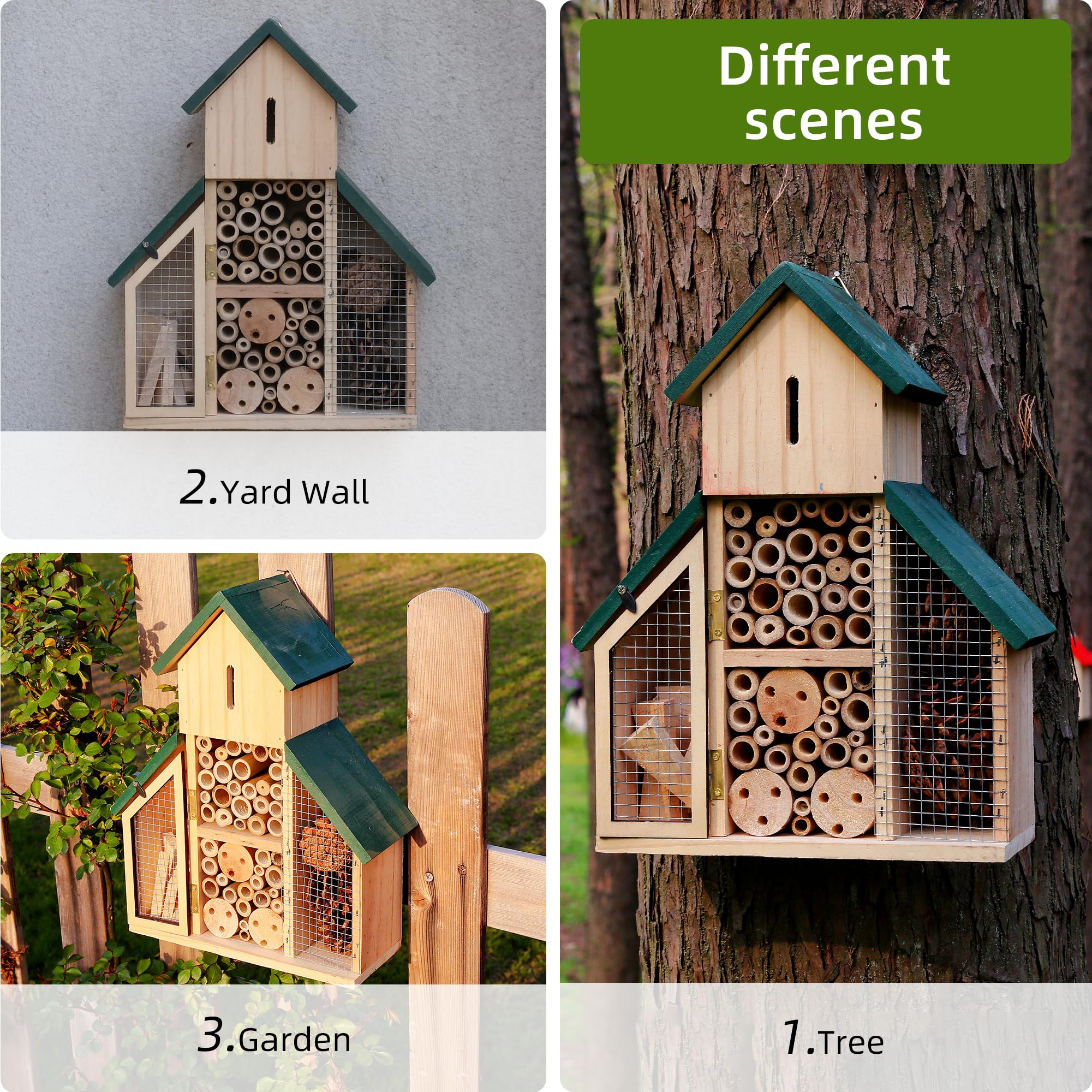 3-lagiges Insektenhaus aus Holz mit grünem Dach, mehrere Räume und Kapazität, Insektenhotel, ein hängender Lebensraum für Bienen, Schmetterling, Marienkäfer, Bienenkiste