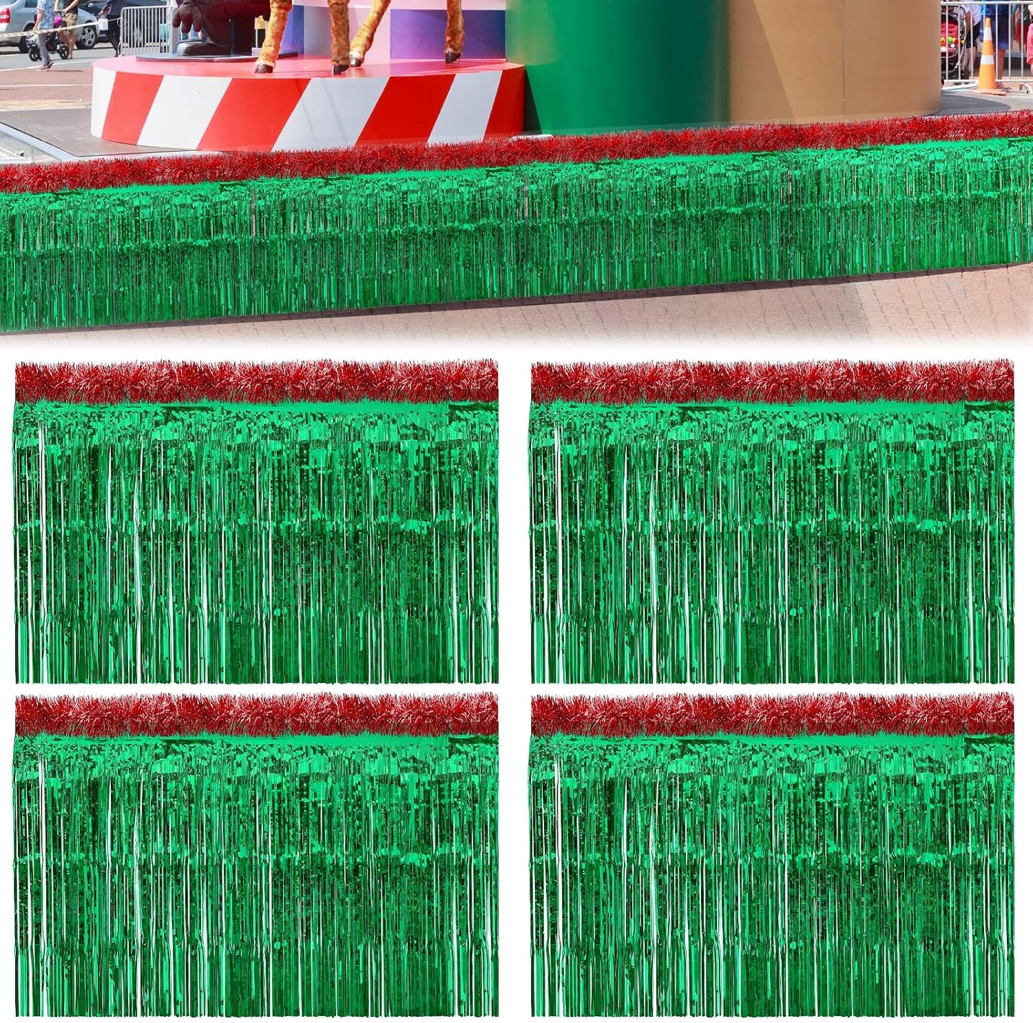 Crowye 10 Pcs Christmas Parade Float Decoration Kit Include 9.02 x 2.46 ft Foil Fringe Table Skirt 78.8 x 3.55 in Metallic Tinsel Garland for Trailer Car Xmas Float Supplies Decor (Red,Green,Gold)