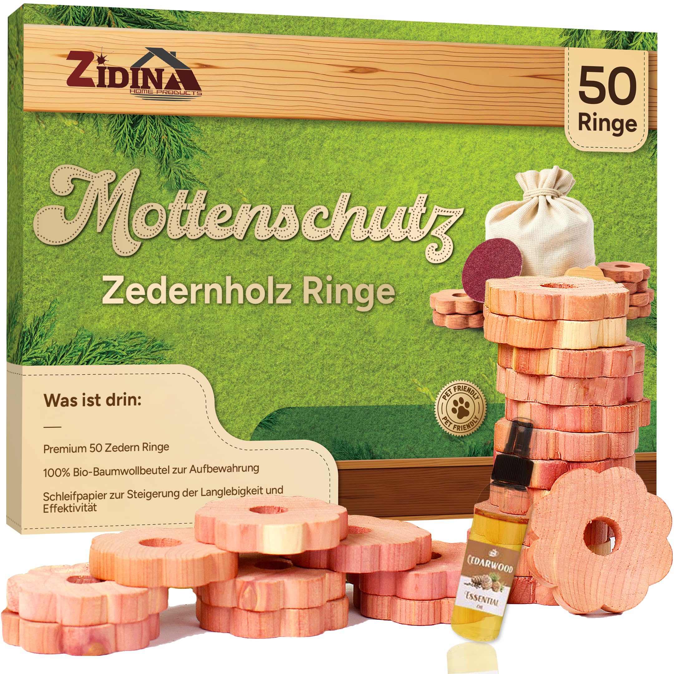 Mottenschutz für Kleiderschrank by Zidina | 50x Premium Bio Mittel gegen Motten Zedernholz | Zederholzöl Mini-Flasche 4,5ml inklusive | ideal für duftende Garderobe