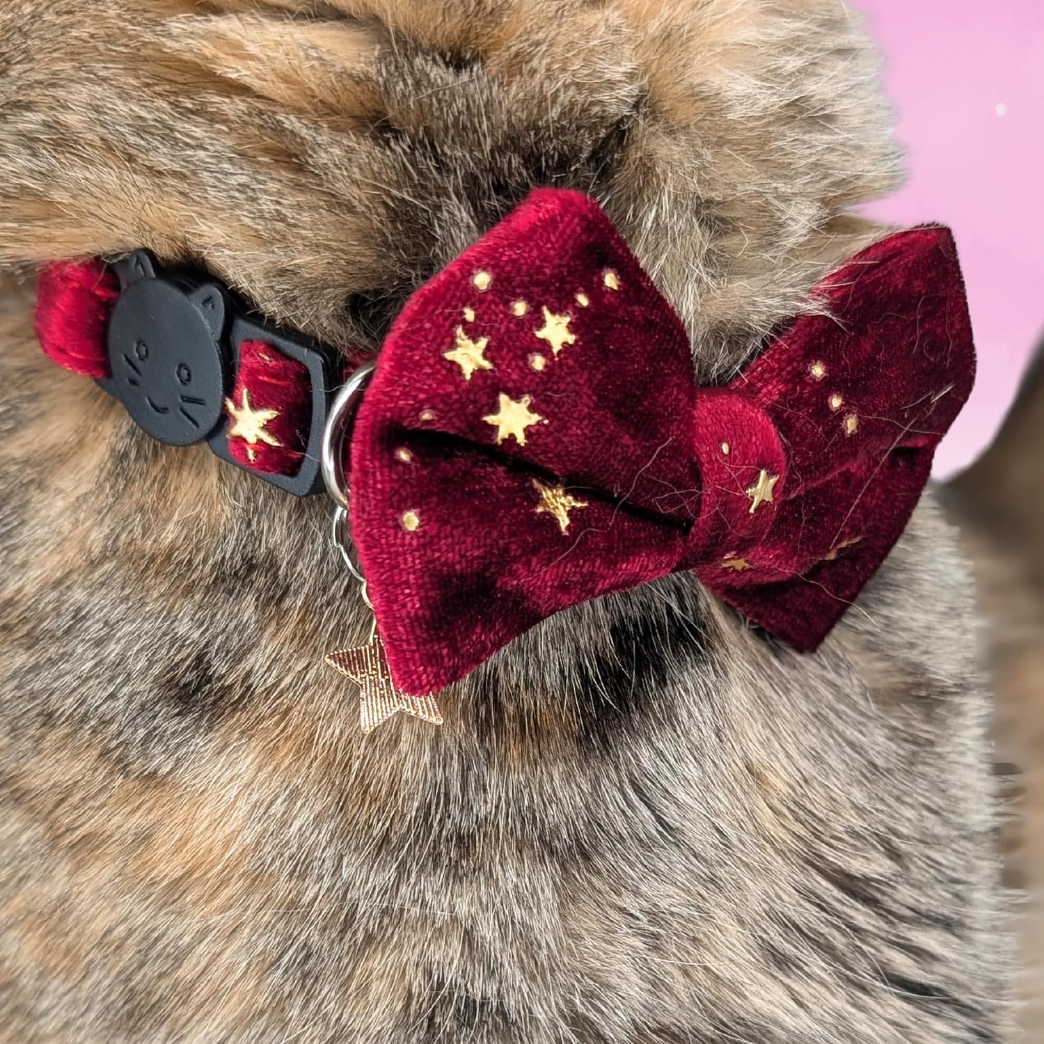 Velvet Bowtie Cat Collar, Celestial Star Print, Breakaway (Red) | Velvet bowtie with gold star charm, dressier than everyday collars