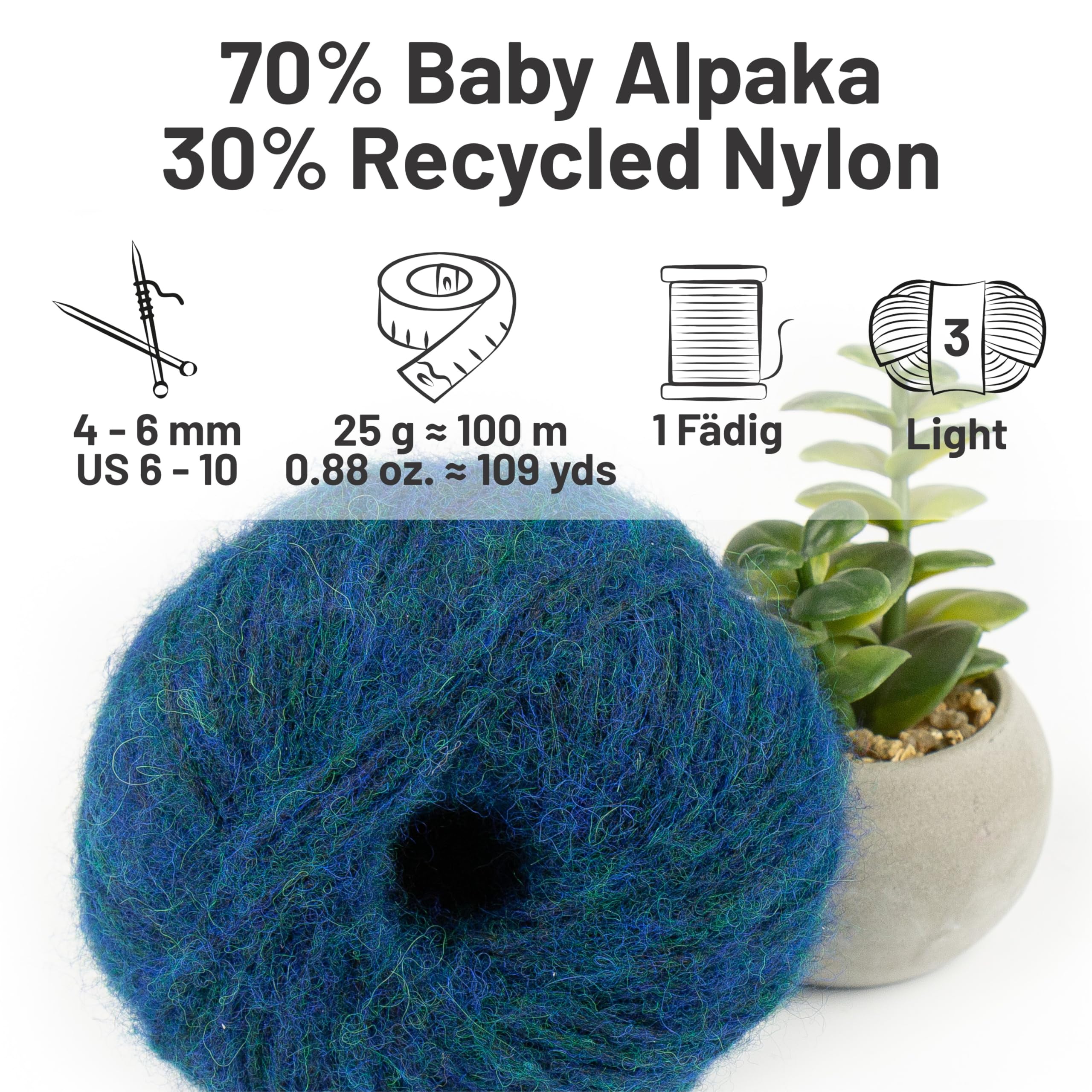 HANSA-FARM |Alpawool Baby Alpaca Light 100 DK en juego de 6 – Lana ligera y sin arañazos para tejer y ganchillo – HF259 Deep Ocean Heather