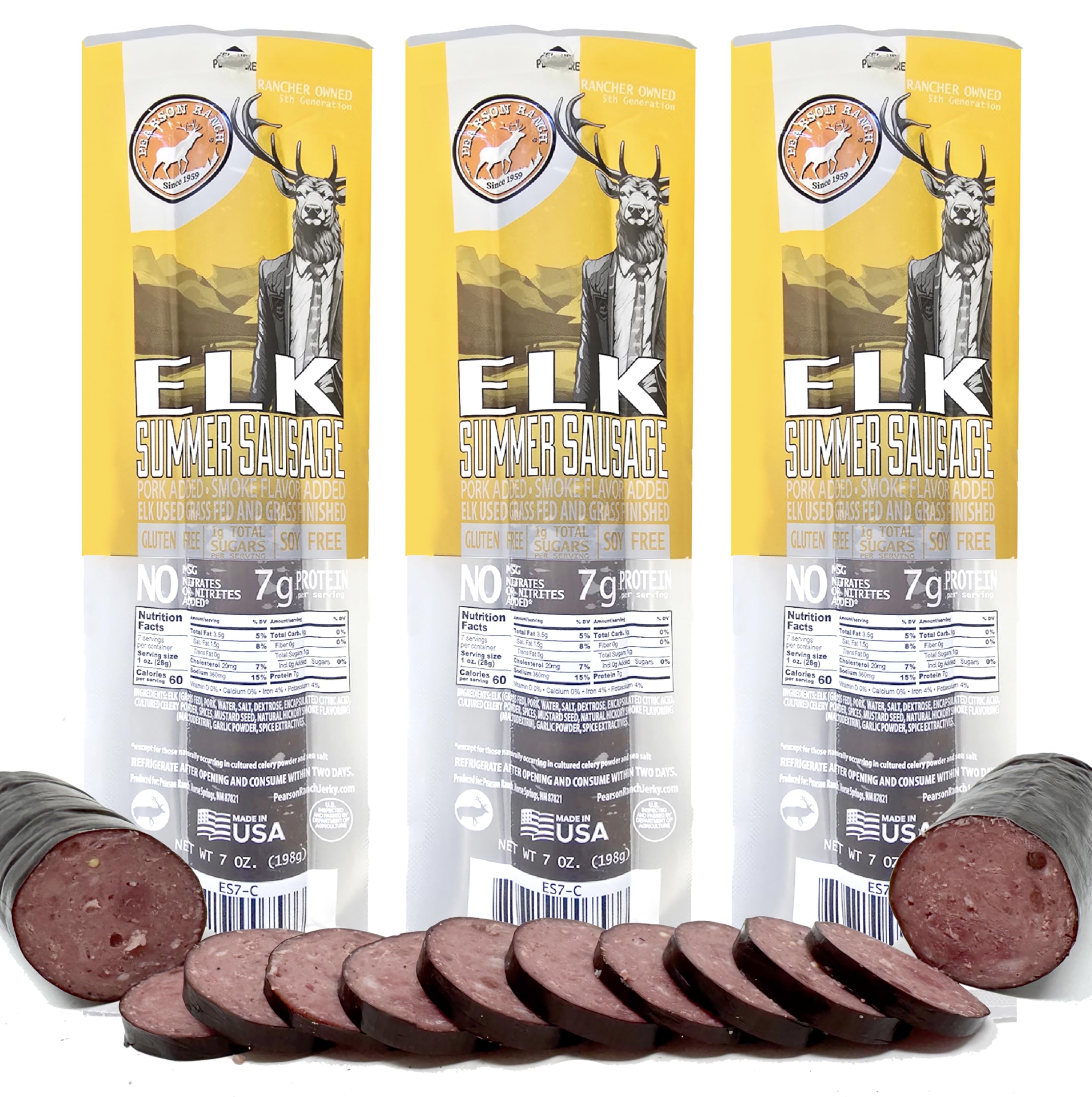 PEARSON RANCH Wild Game Elk Summer Sausage - Elk Sausage, Exotic Meat, Low-Carb, Gluten-Free, MSG-Free, No Added Nitrites, Hickory Smoked, Pack of 3, 7 OZ Each