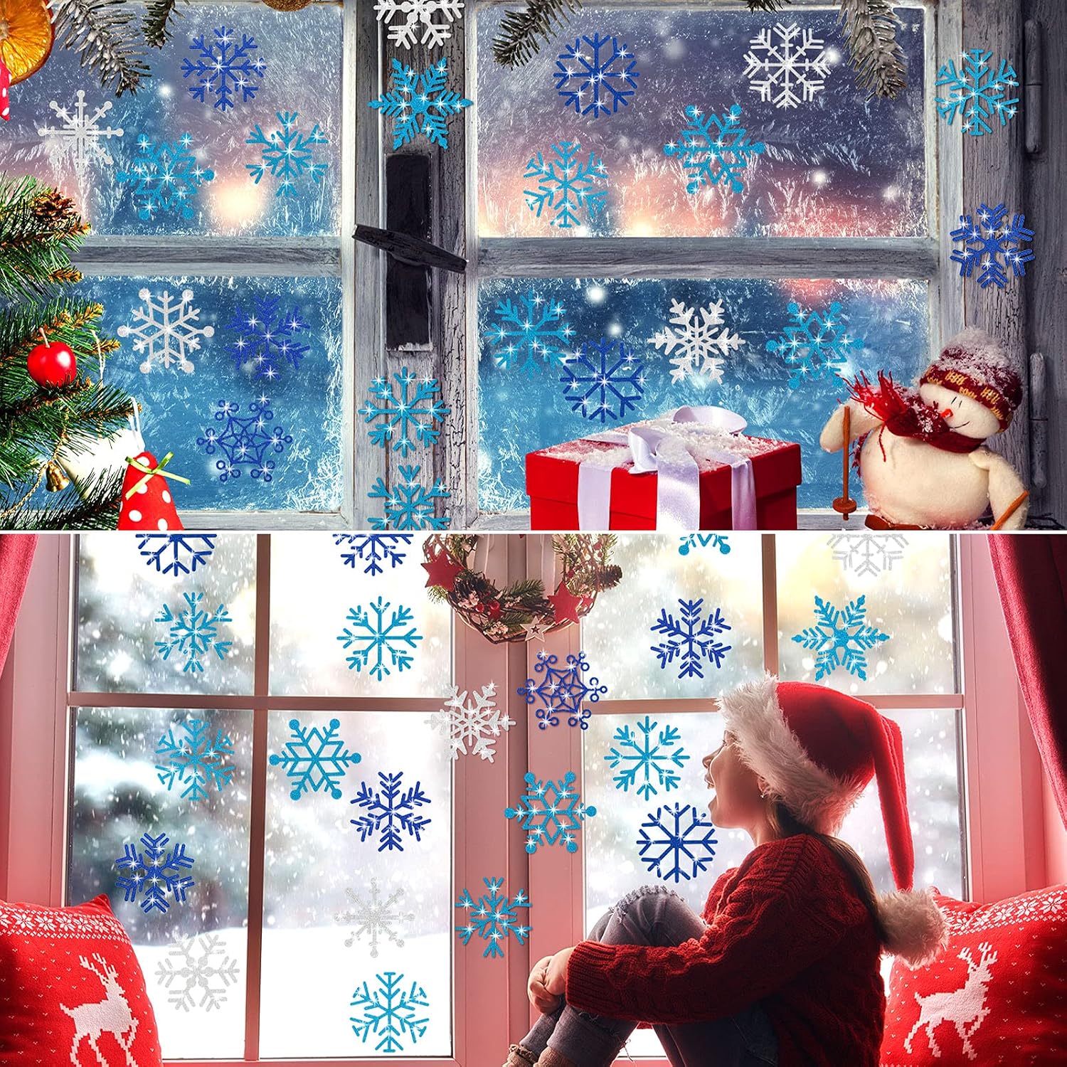 60 Pieces Snowflakes Cutouts Glitter Blue Silver Snowflake Cutouts Snowflakes Board with Glue Point Dots for Christmas Winter Theme Party Decoration