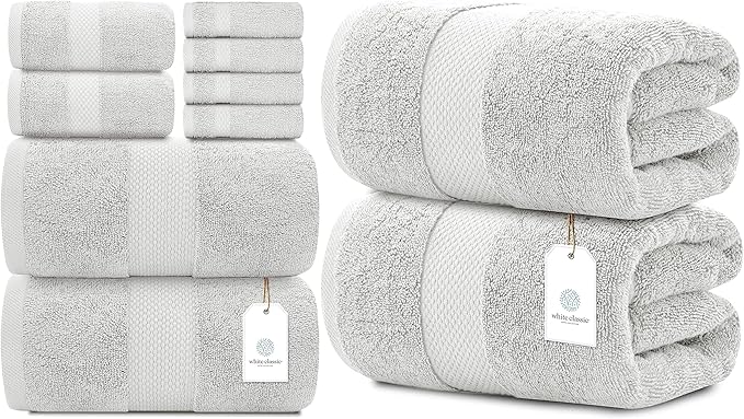White Classic Luxury 8 Piece Bath Towel Set | 2 Pack Bundle (Silver)