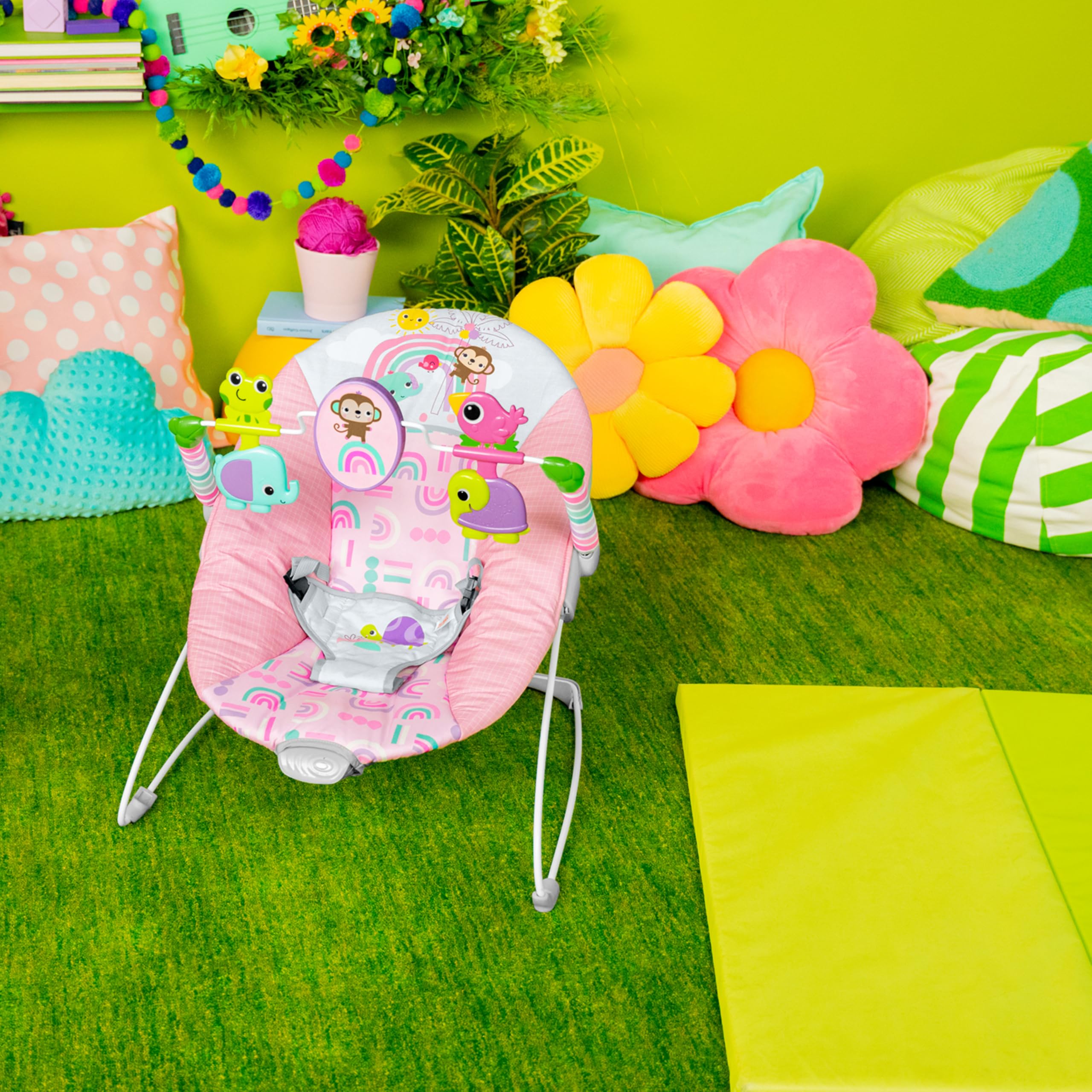 Bright Starts Transat Bébé Confortable avec Vibration Apaisante et Jouets, Unisexe, 0-6 Mois (Pink Paradise, Rose)