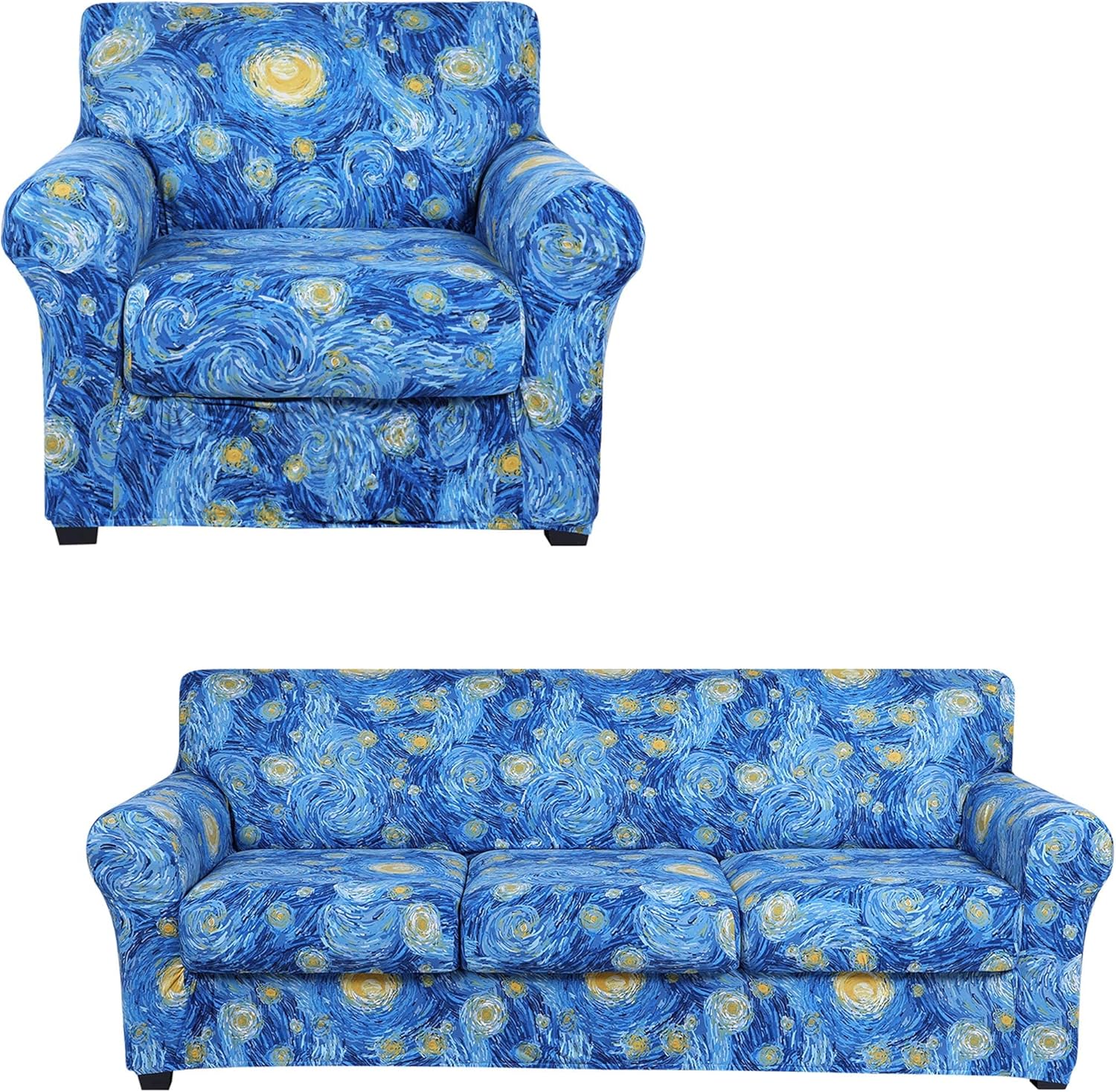hyha Printed Stretch Sofa Covers for 3 Cushion Couch (72"-96", Starry Sky) Bundle 1 Seater Armchair Covers (32"-48", Starry Sky)