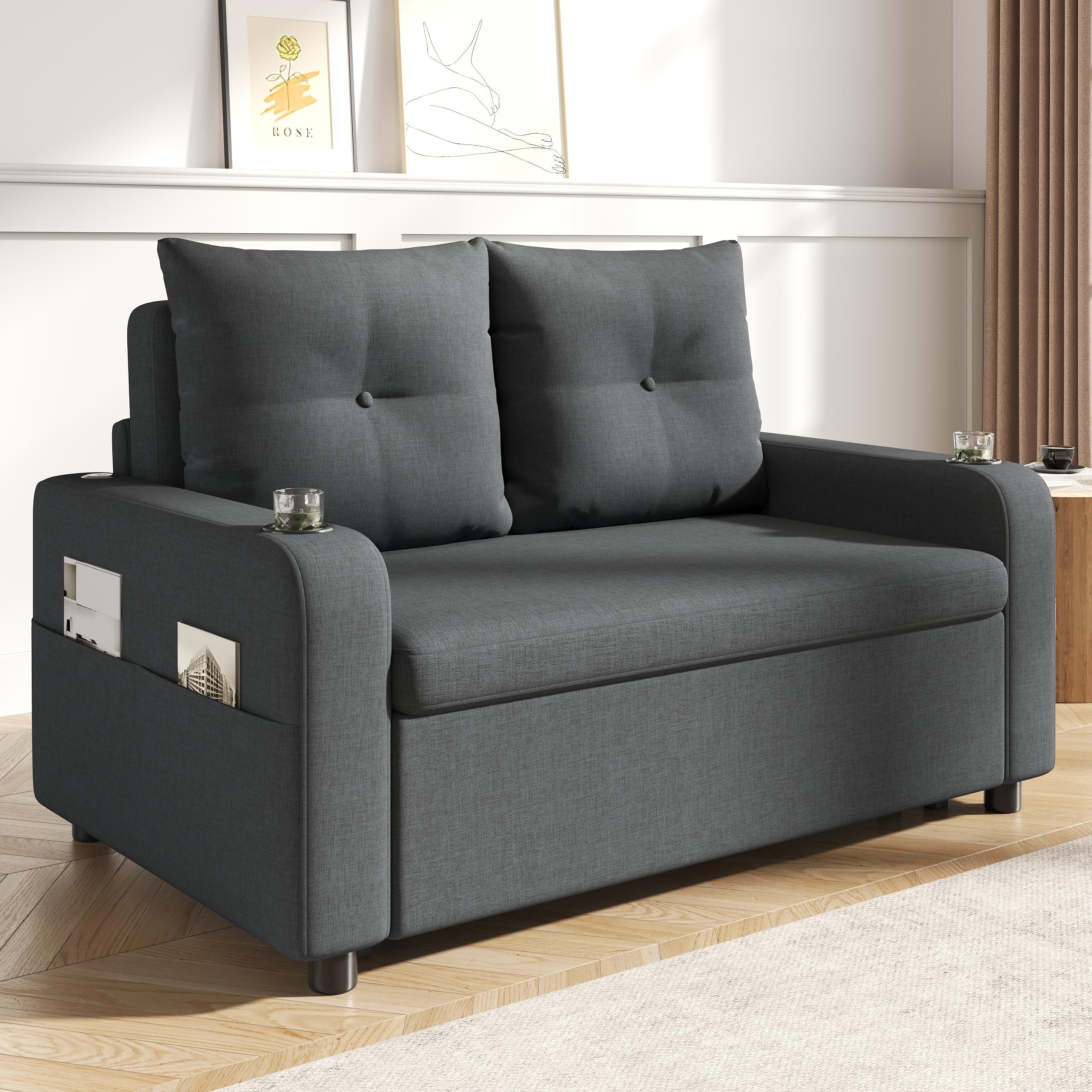 Divano letto 3 in 1, divano letto estraibile con funzione sonno, divano doppio con porta bevande, tasche laterali, cuscino e porta USB, design moderno, adatto per soggiorno e camera da letto (grigio)