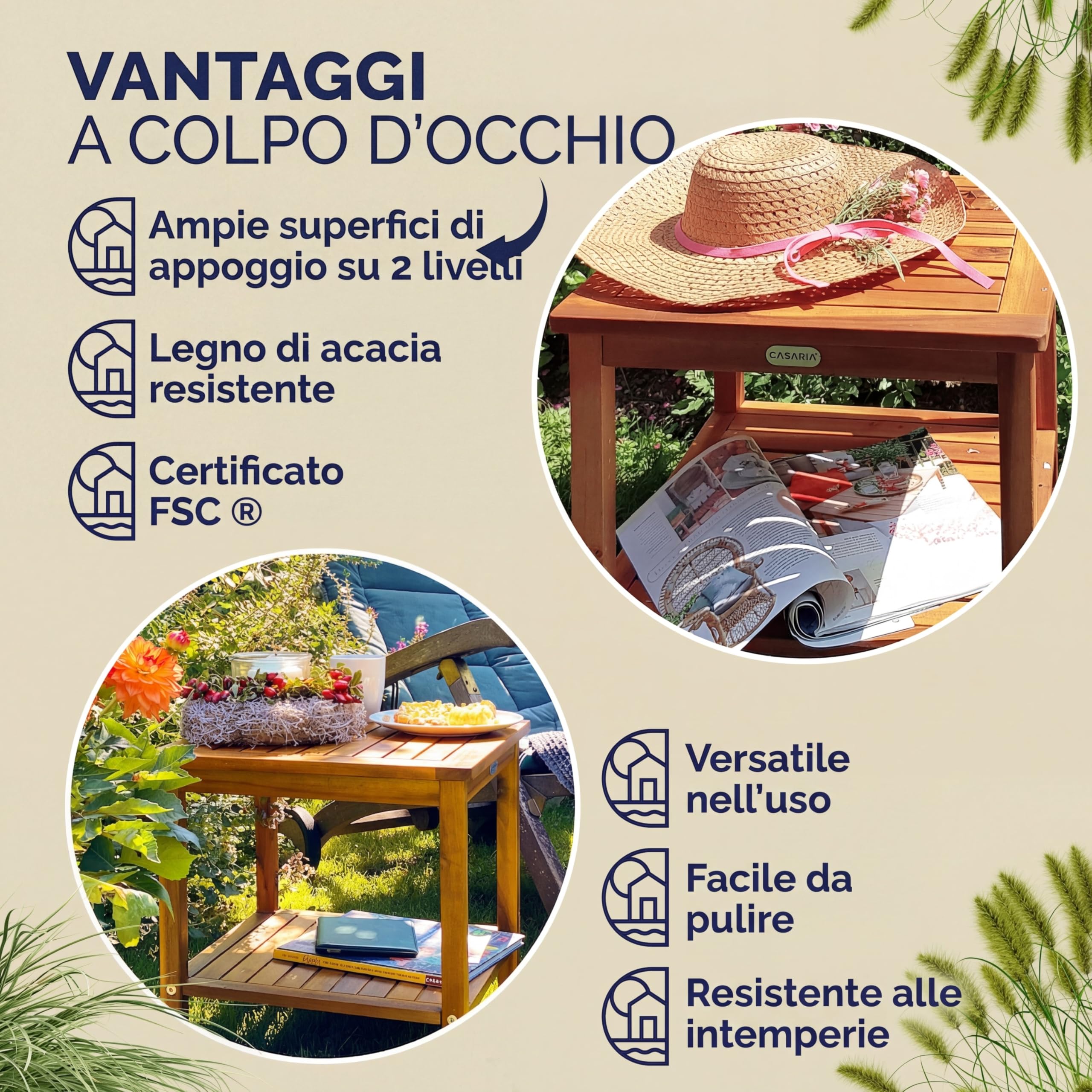 Casaria Tavolino da Giardino Legno Acacia 45x45x45cm Portata 80kg 2 Ripiani