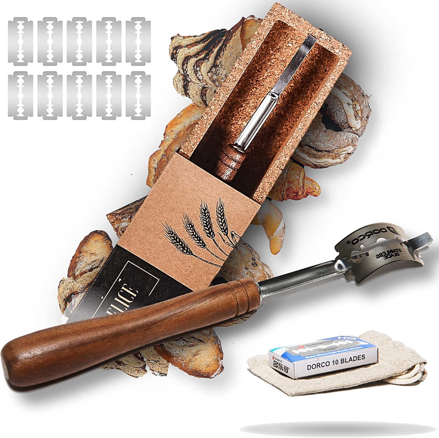 Walnut Bread Lame with Natural Cork Case Premium Crafted Dough