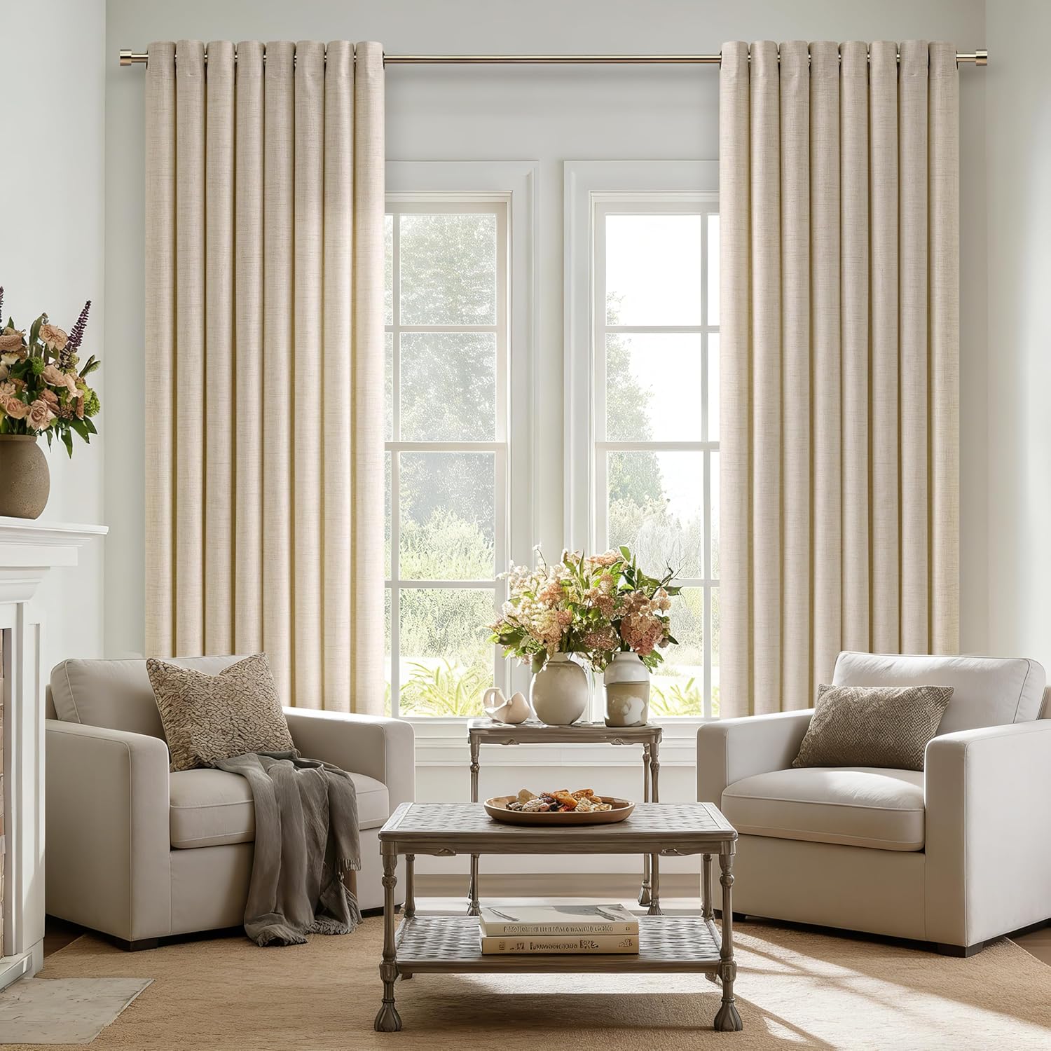 90 Inch Length 2 Panels Warm Beige Oatmeal Linen Curtains Filtering Semi Sheer Grommet Drapes Thick Linen Privacy Boho Farmhouse Window Curtain for for Bedroom Sliding Door 52x90