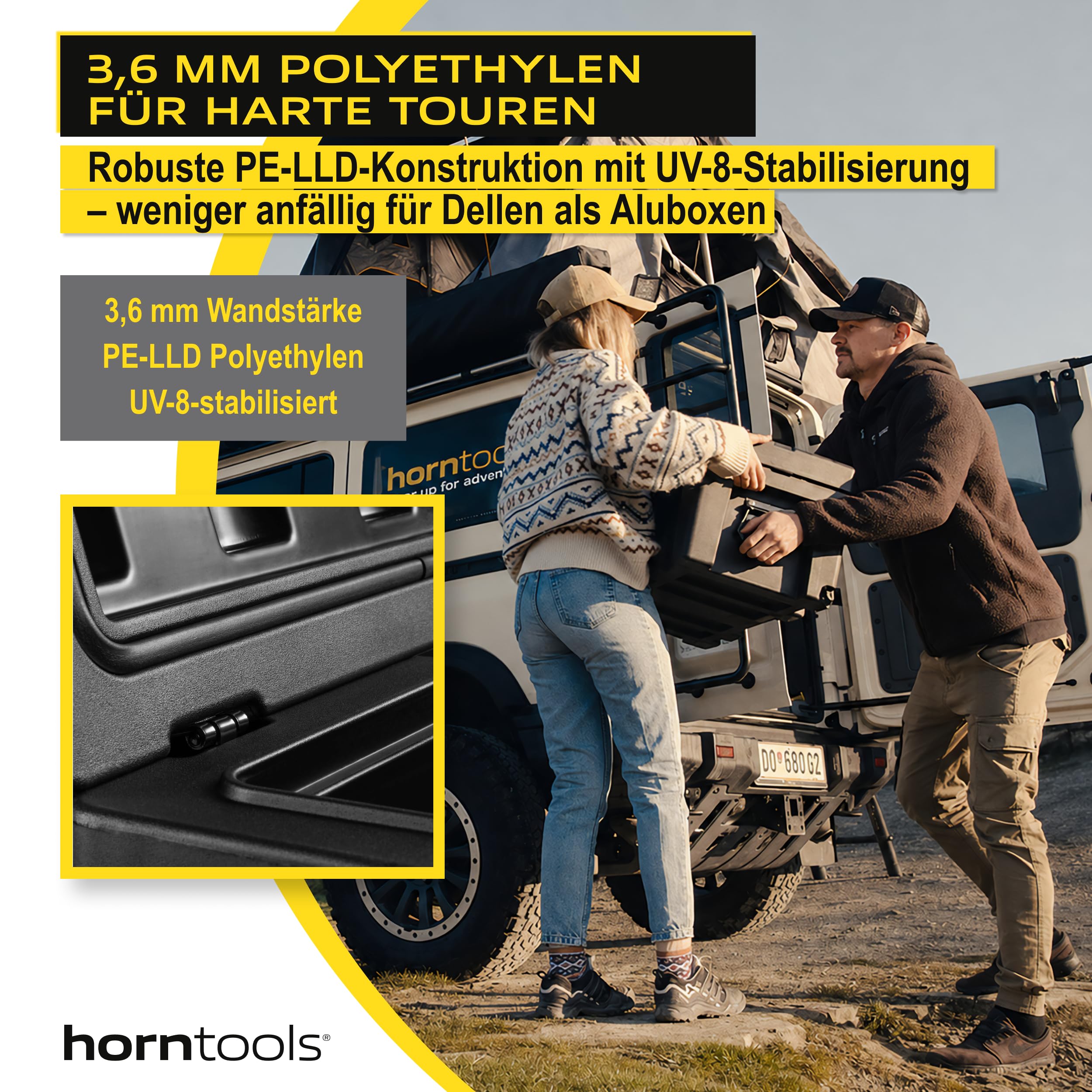 horntools Transportbox 70 L - wasserdichte Reisebox fürs Auto - Lagerbox | Abschließbare Campingbox Wetterfest - 3,6 mm Polyethylen - Sichere Verschlüsse für Auto, Dachträger, Jagd, Boot & Camping