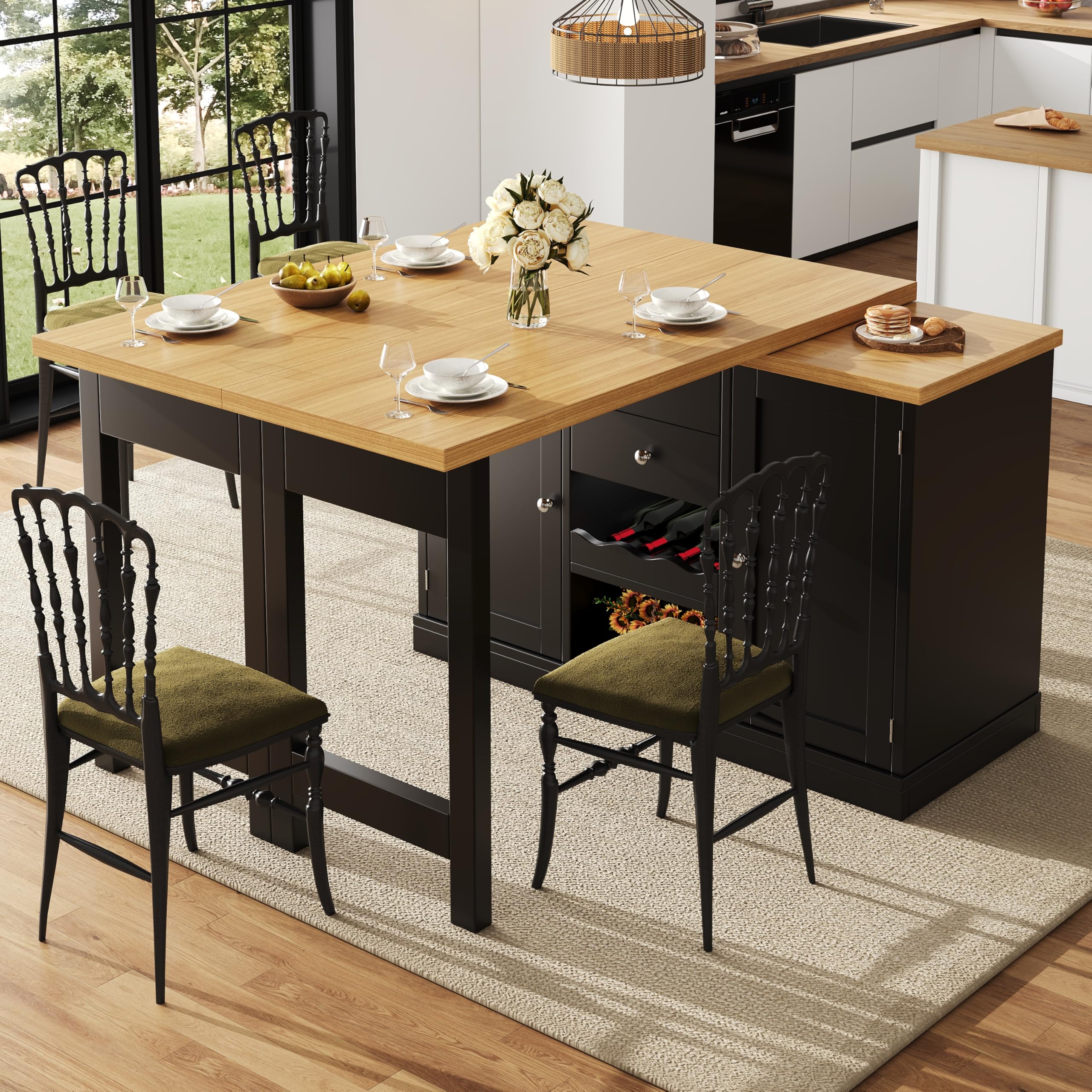 Merax 360° swivelling Dining Bar table Kitchen island, with black storage cabinet with 2 Doors with snack tray & 2 Drawers & Winerack and Folding extending table-40-80X120CM — image 1