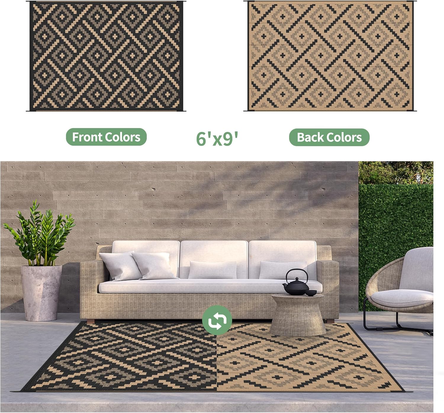 GENIMO Outdoor Rug for Patio Clearance, 6'x9' Waterproof Camping Mat, Reversible Plastic Straw Rugs for RV, Camper, Balcony, Backyard, Picnic, Deck (Mix Black Brown)