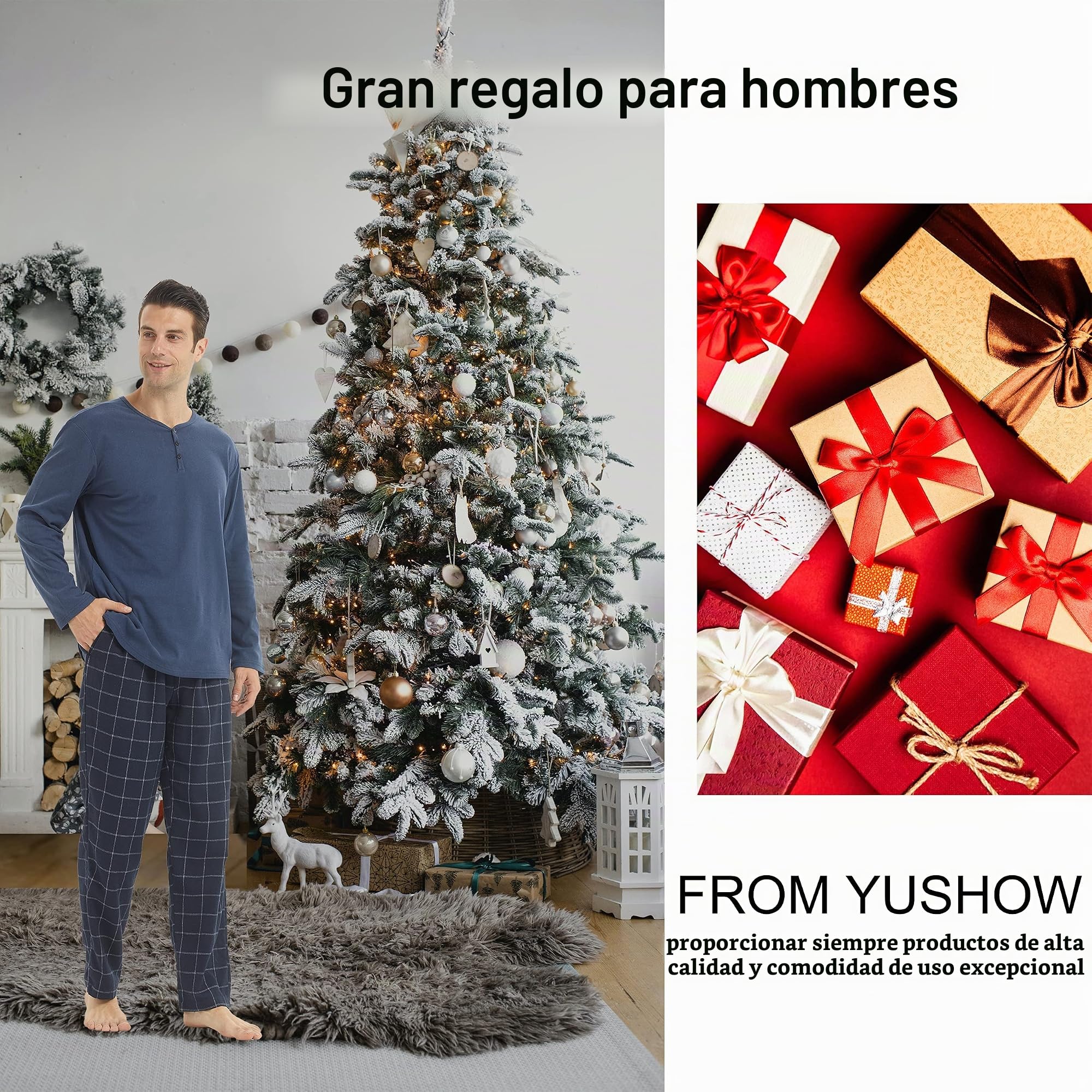 YUSHOW Pijama Hombre Invierno Pijama con Manga Larga Polar y Pantalón Largo de Algodón a Cuadros Conjunto de Pijama Cómodo y Calentito