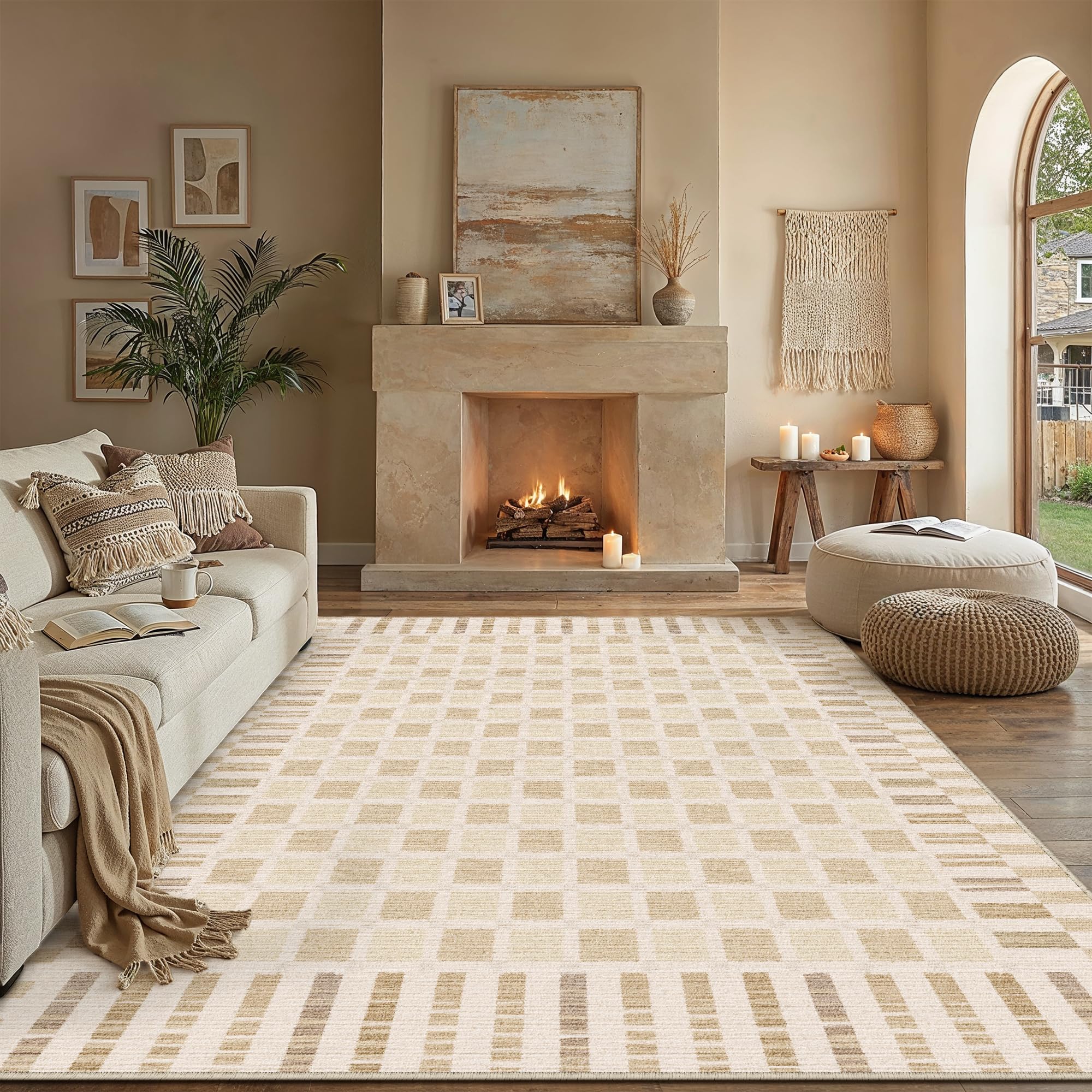 PureCozy Machine Washable Beige 9x12 Area Rugs for Living Room Modern Soft Large Checkered Rug Non-Slip Low Pile Accent Indoor Office Carpet for Bedroom Dining Room Nursery Classroom