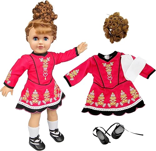 Traje de muñeca irlandesa bailarina (4 piezas) - Ropa y accesorios hechos a mano de primera calidad para todas las muñecas de 18 pulgadas, disfraz