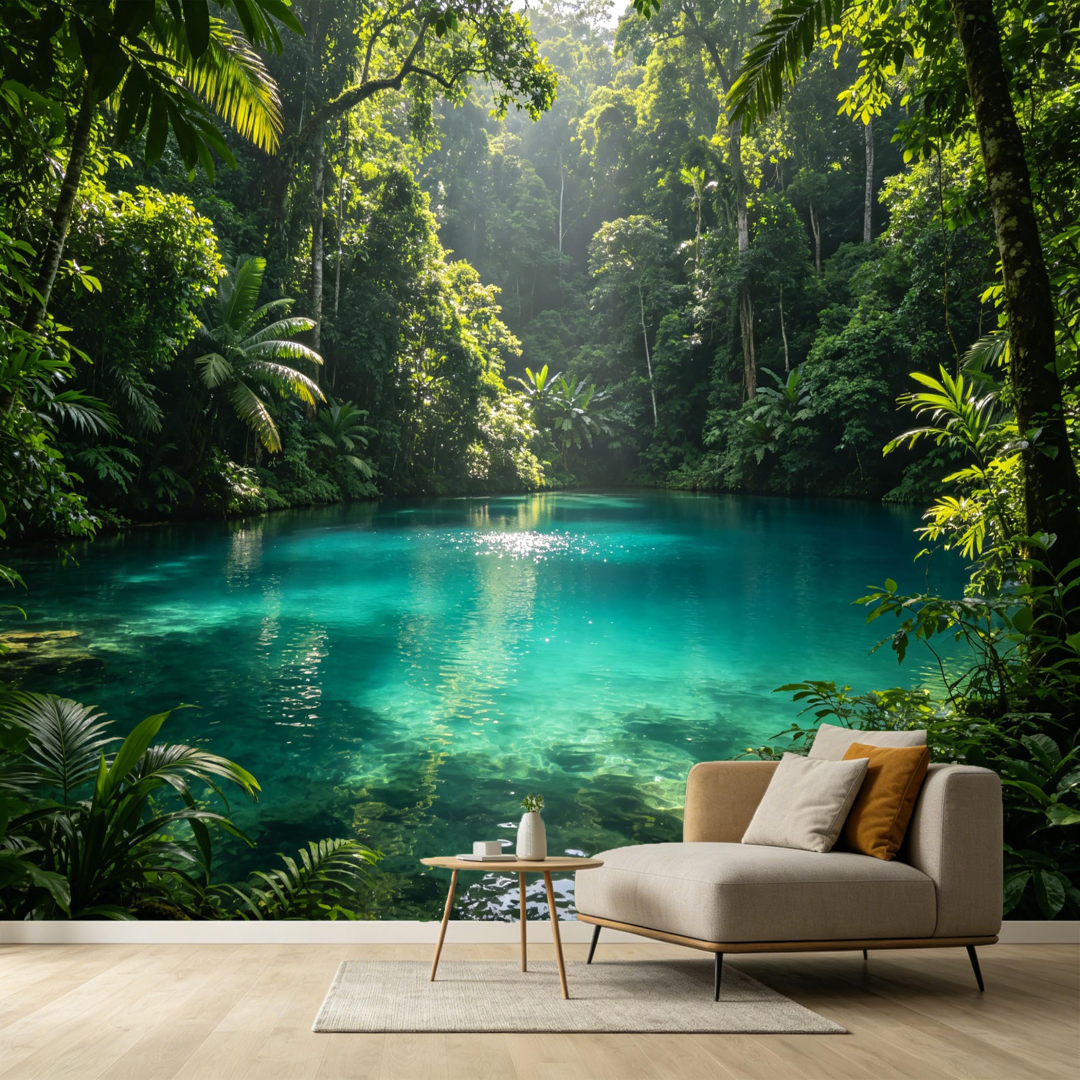 Custom Size Wall Murals Tropical Rainforest Lake Landscape Botanical Jungle Sunlight Reflection SelfAdhesive Wall Fabric Removable Large Wallpaper for Photo Living Room